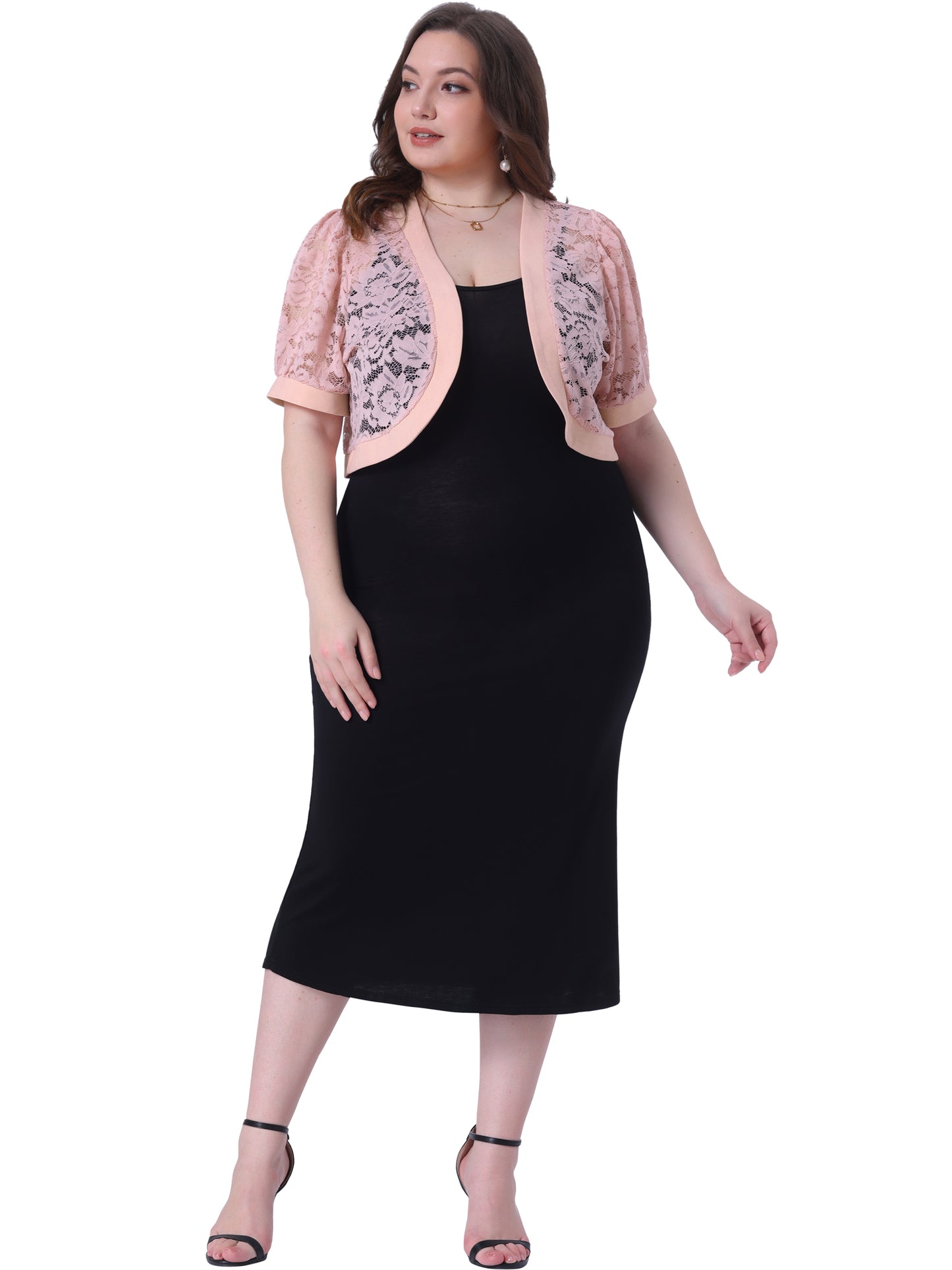 Women Plus Size Short Sleeve Sheer Floral Lace Bolero Shrugs Open Front Cropped Cardigans