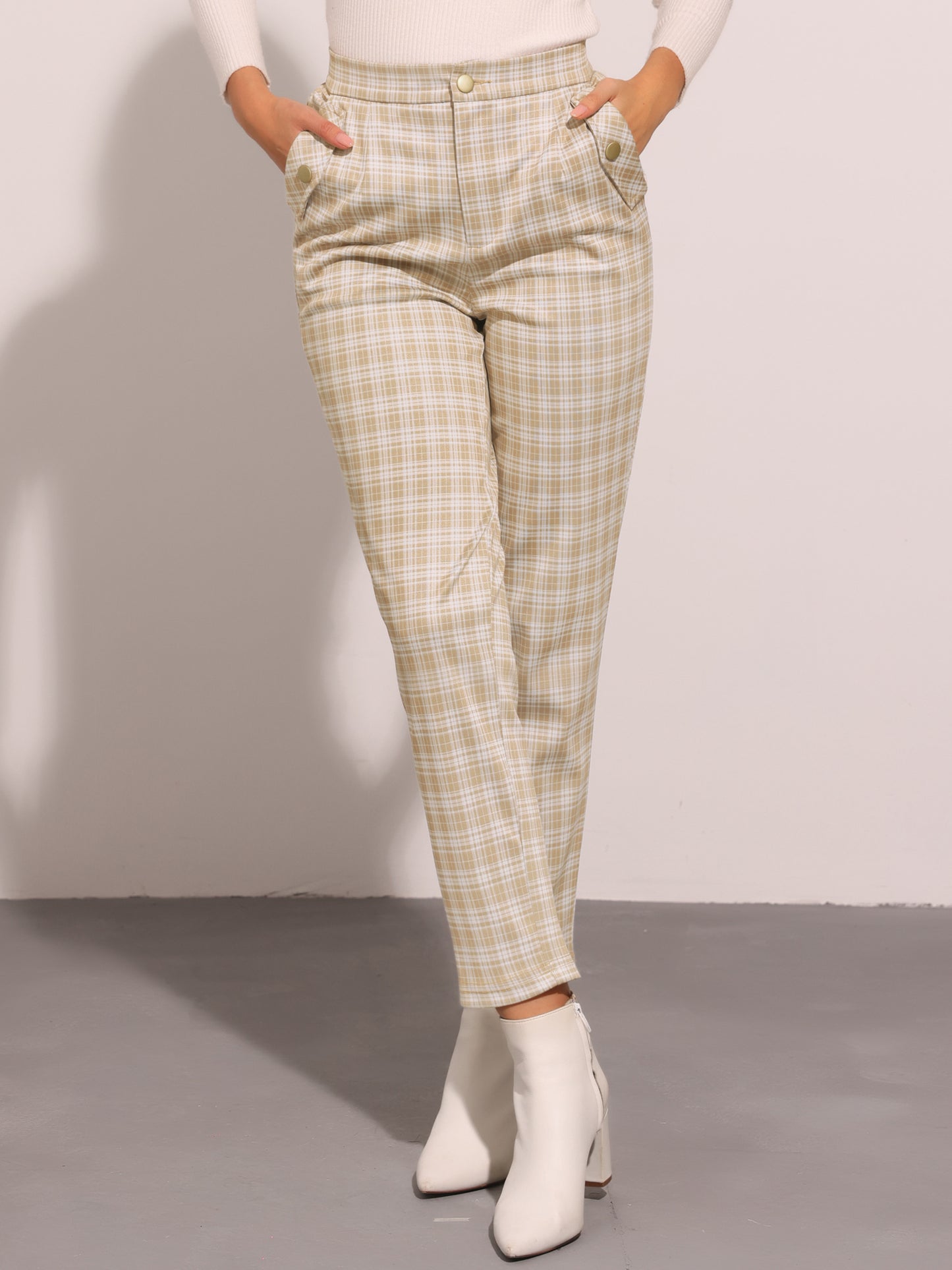 Women's Retro Tartan Plaid Pants Elastic Waist Straight Long Trousers