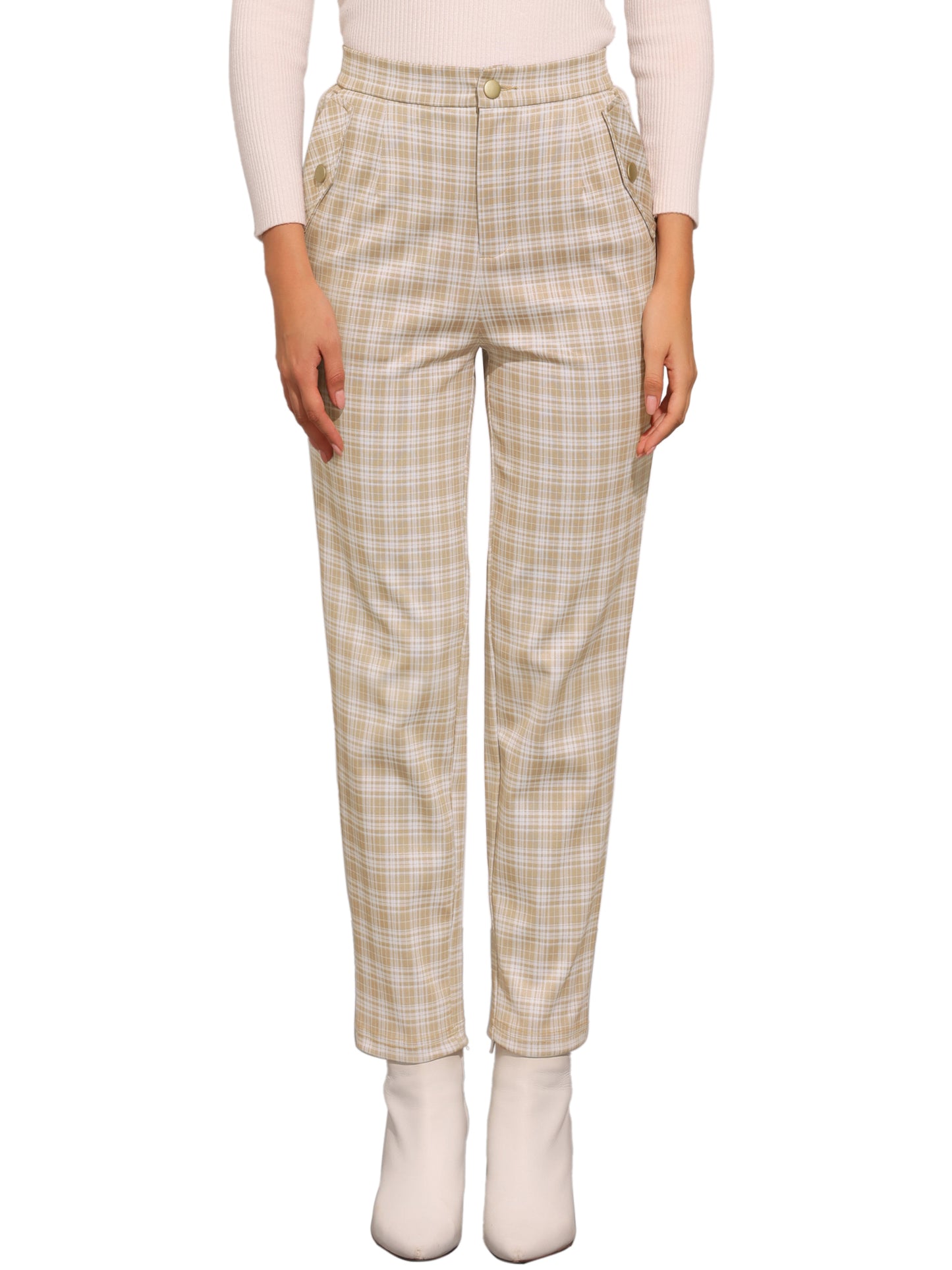 Women's Retro Tartan Plaid Pants Elastic Waist Straight Long Trousers