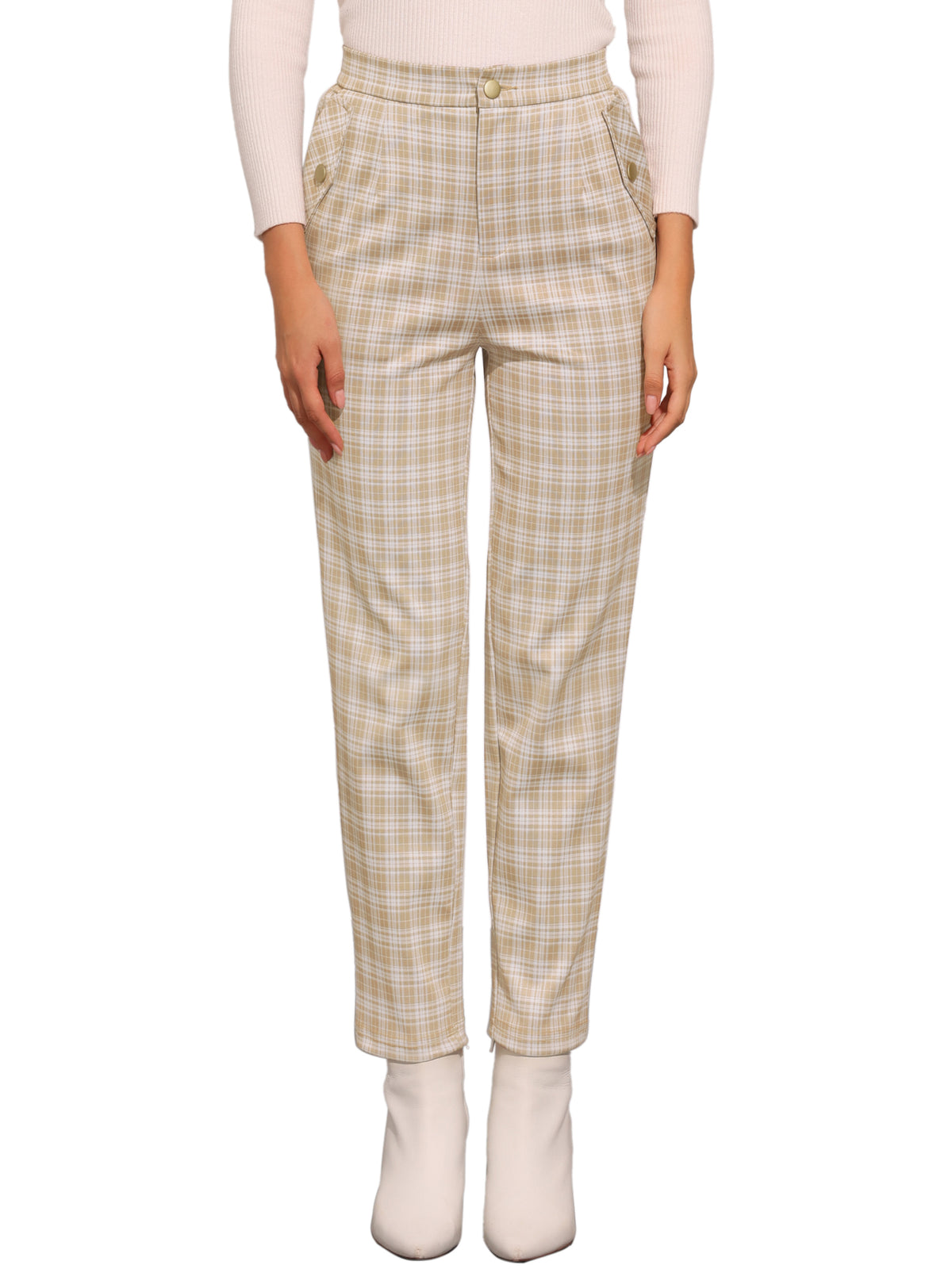 Women's Retro Tartan Plaid Pants Elastic Waist Straight Long Trousers (Available in Plus Size)