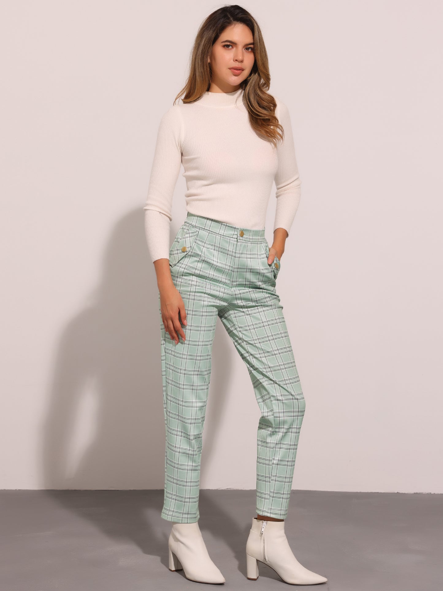 Women's Retro Tartan Plaid Pants Elastic Waist Straight Long Trousers