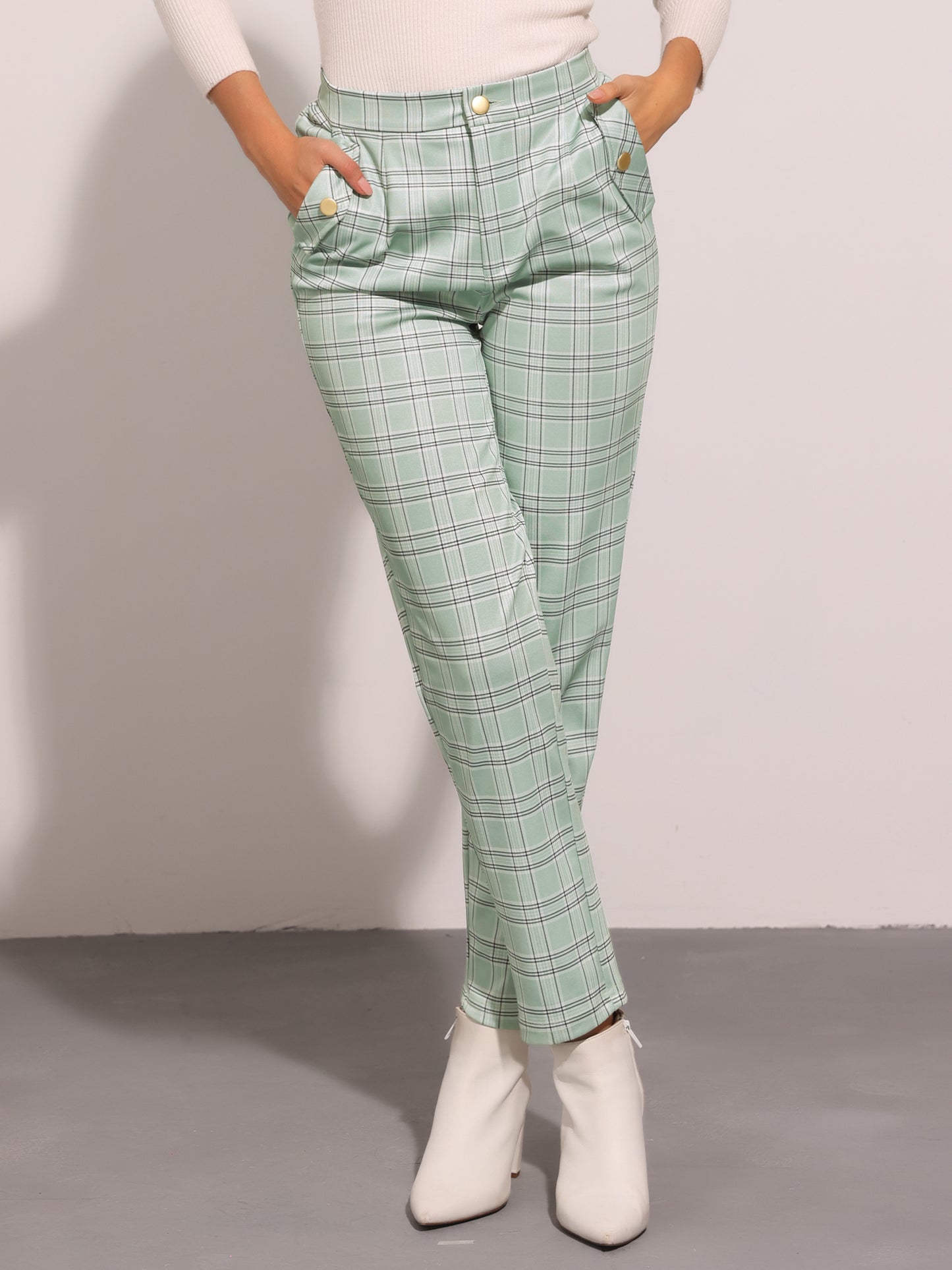 Women's Retro Tartan Plaid Pants Elastic Waist Straight Long Trousers