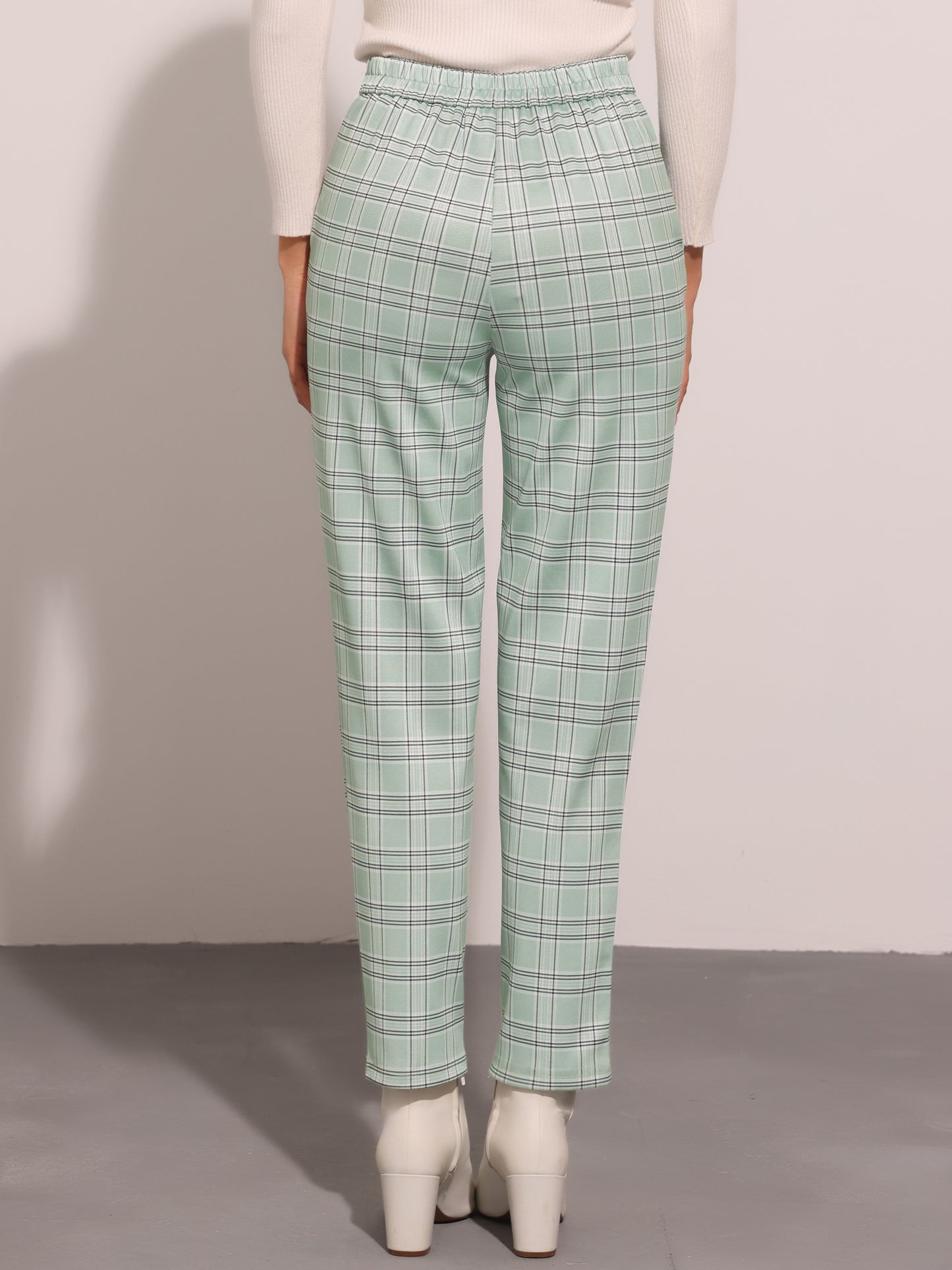 Women's Retro Tartan Plaid Pants Elastic Waist Straight Long Trousers