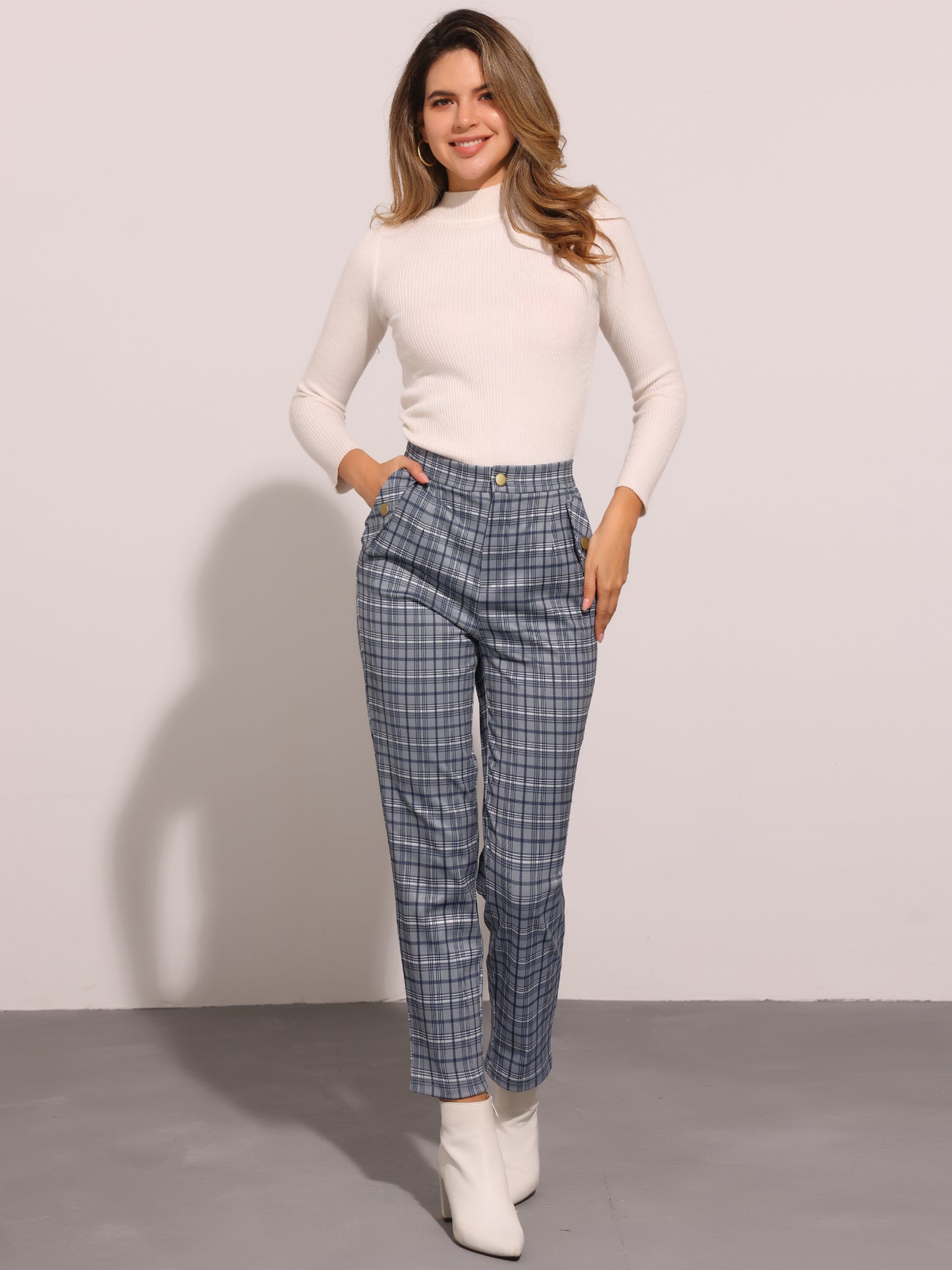 Women's Retro Tartan Plaid Pants Elastic Waist Straight Long Trousers