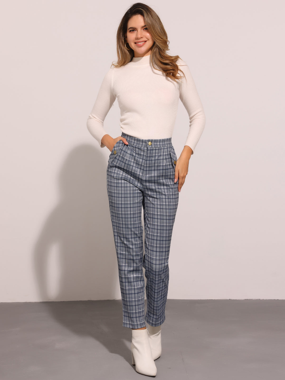 Women's Retro Tartan Plaid Pants Elastic Waist Straight Long Trousers (Available in Plus Size)