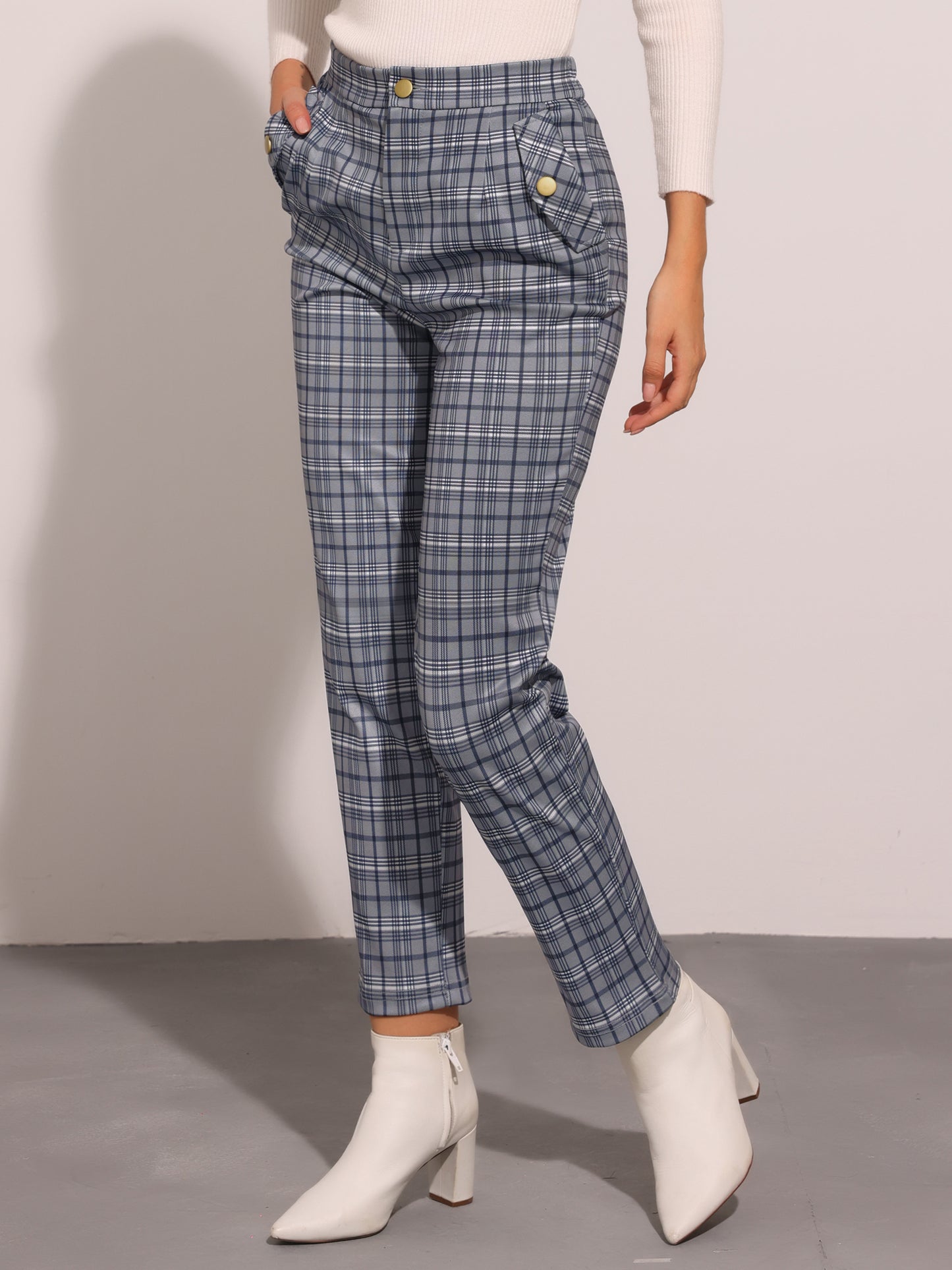 Women's Retro Tartan Plaid Pants Elastic Waist Straight Long Trousers