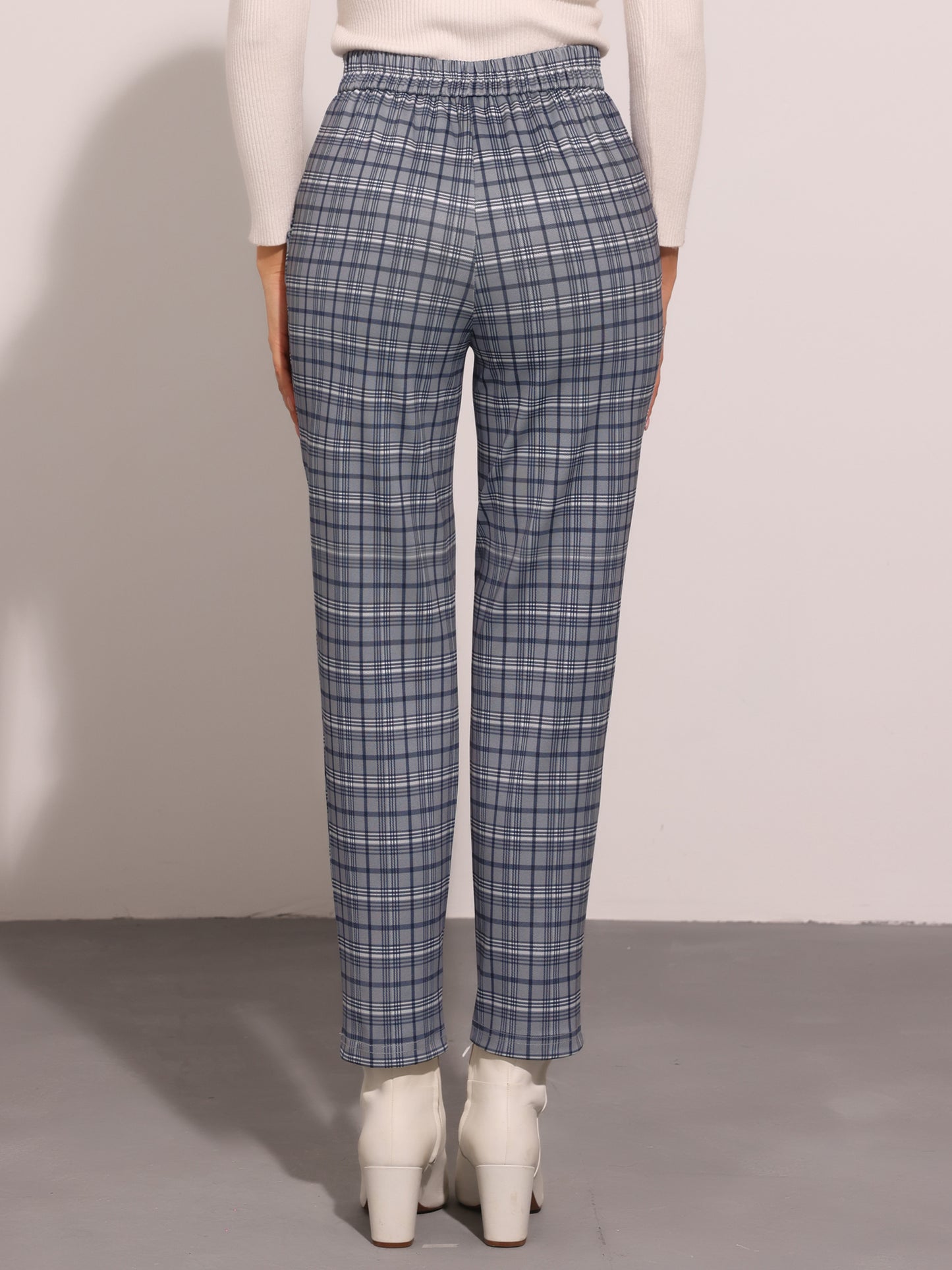 Women's Retro Tartan Plaid Pants Elastic Waist Straight Long Trousers