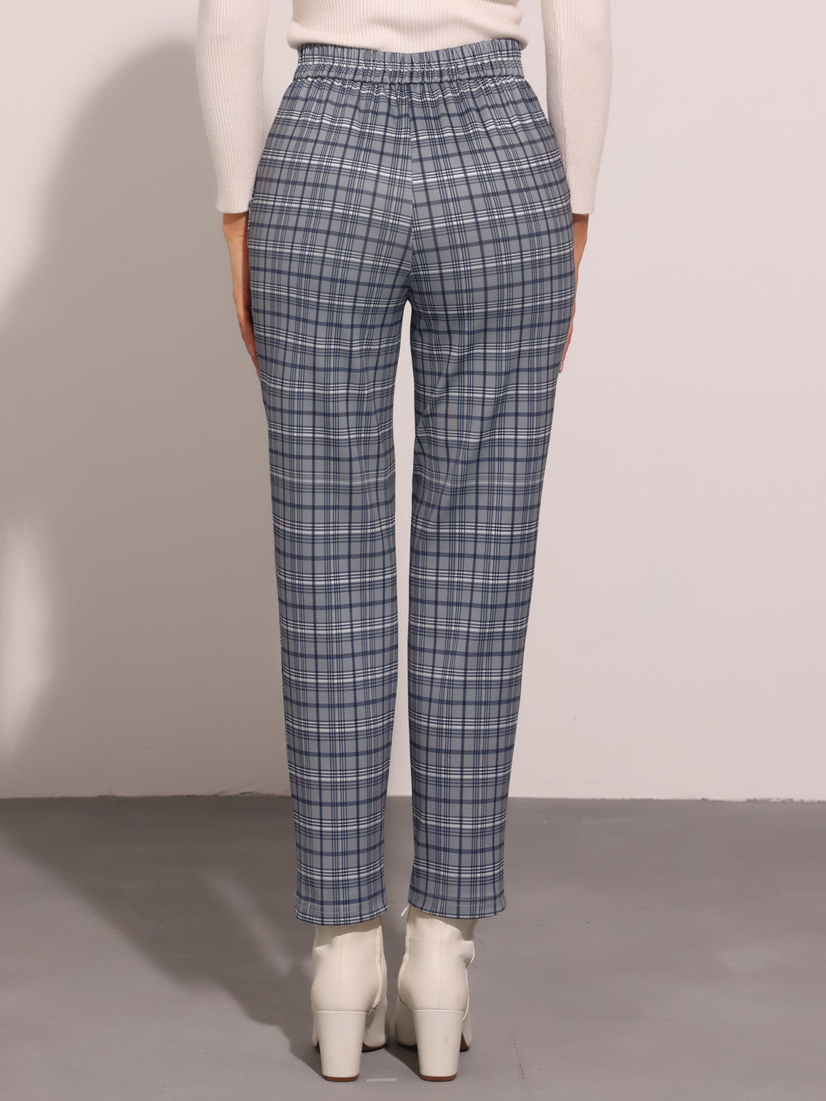 Women's Retro Tartan Plaid Pants Elastic Waist Straight Long Trousers (Available in Plus Size)