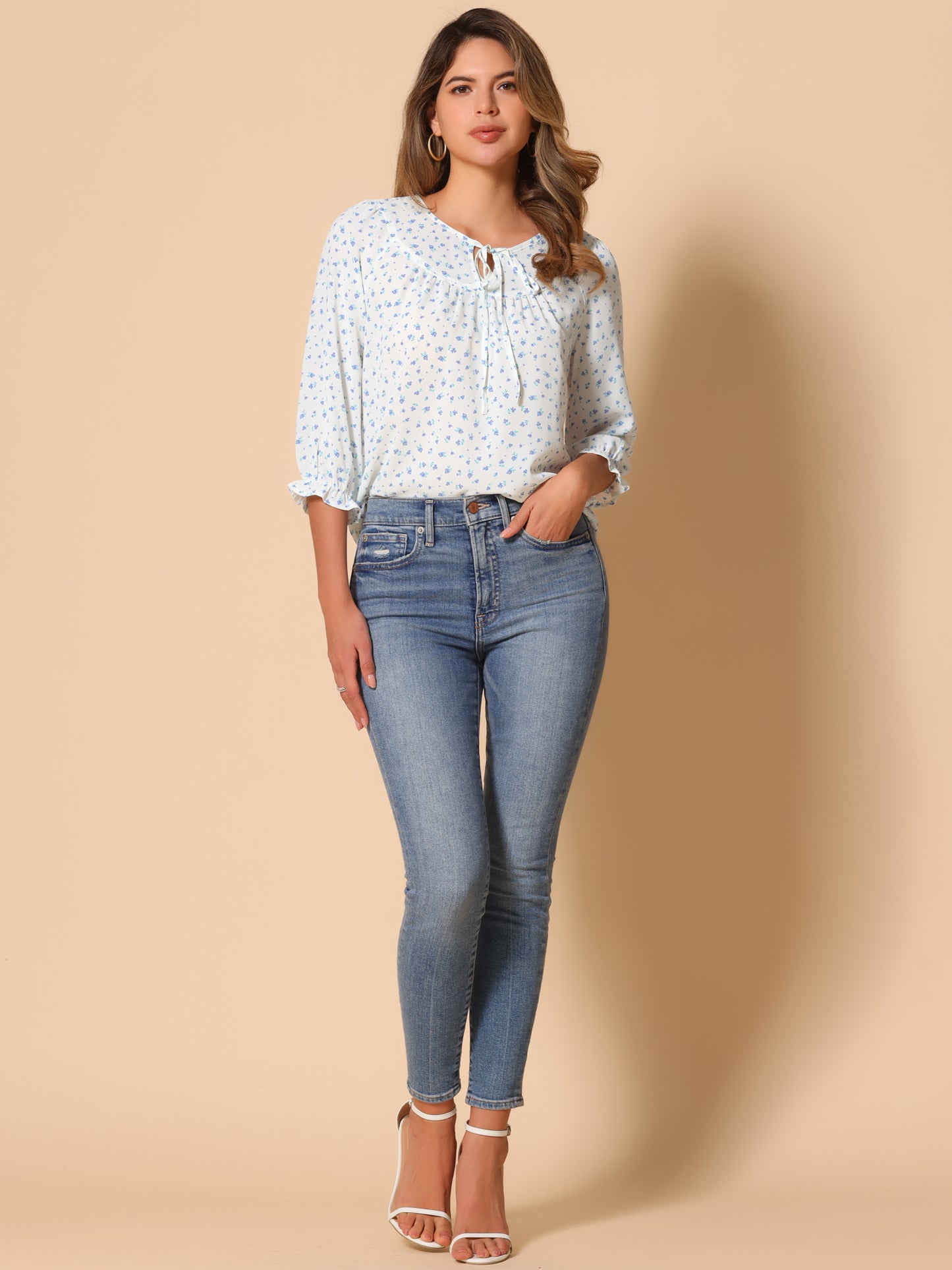 Women's Tie Neck 3/4 Sleeve Floral Blouse Bow Top
