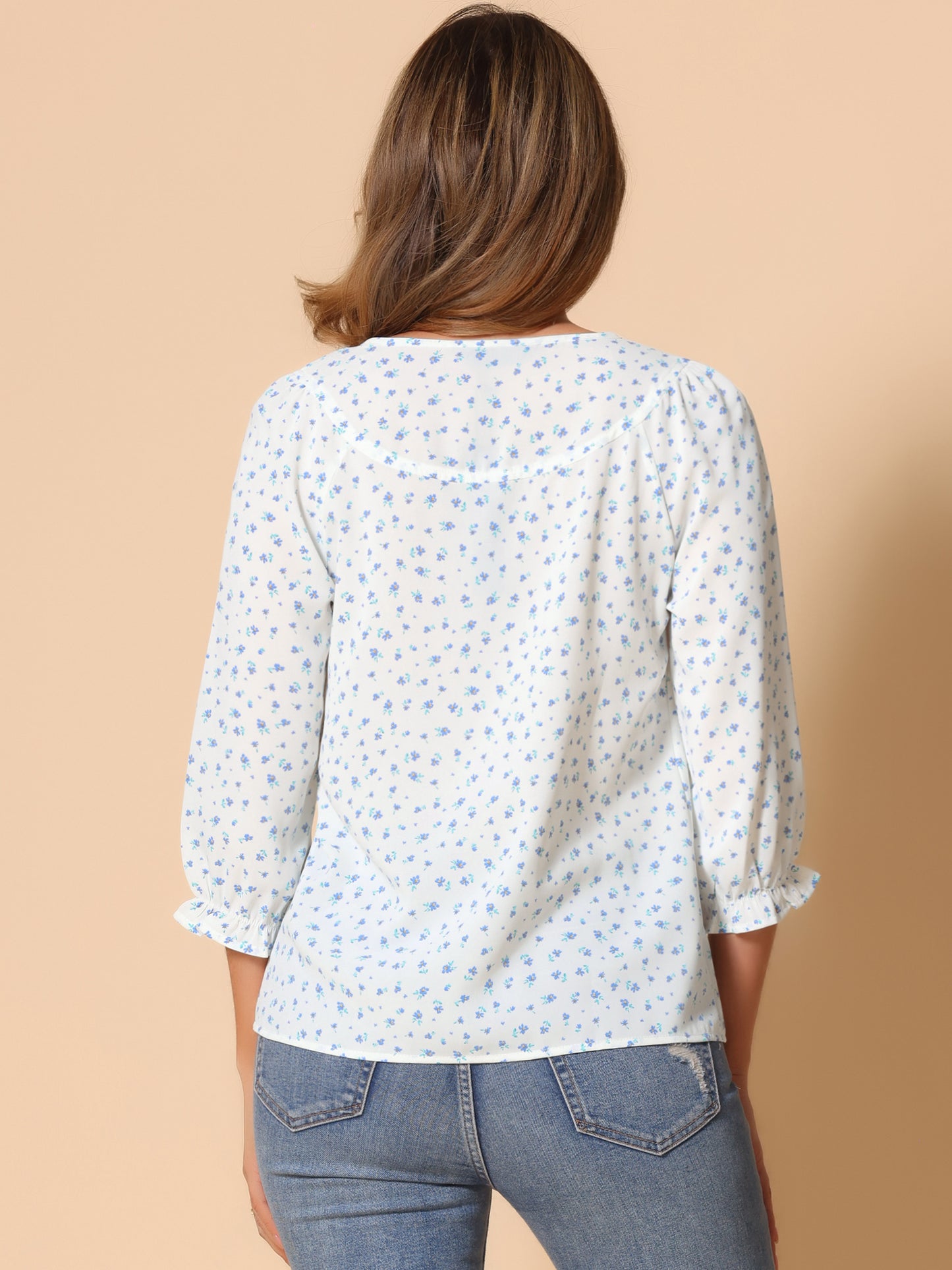 Women's Tie Neck 3/4 Sleeve Floral Blouse Bow Top