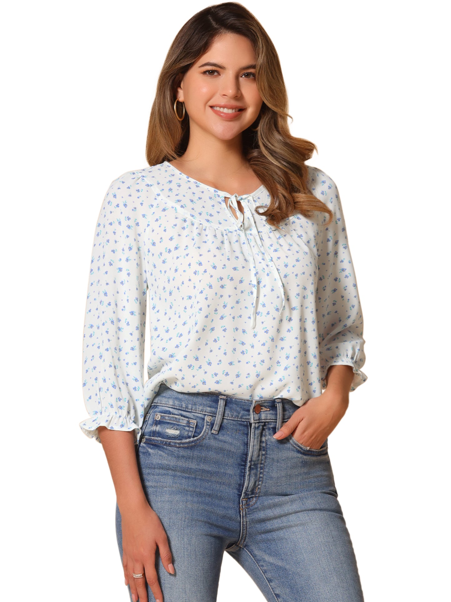 Women's Tie Neck 3/4 Sleeve Floral Blouse Bow Top