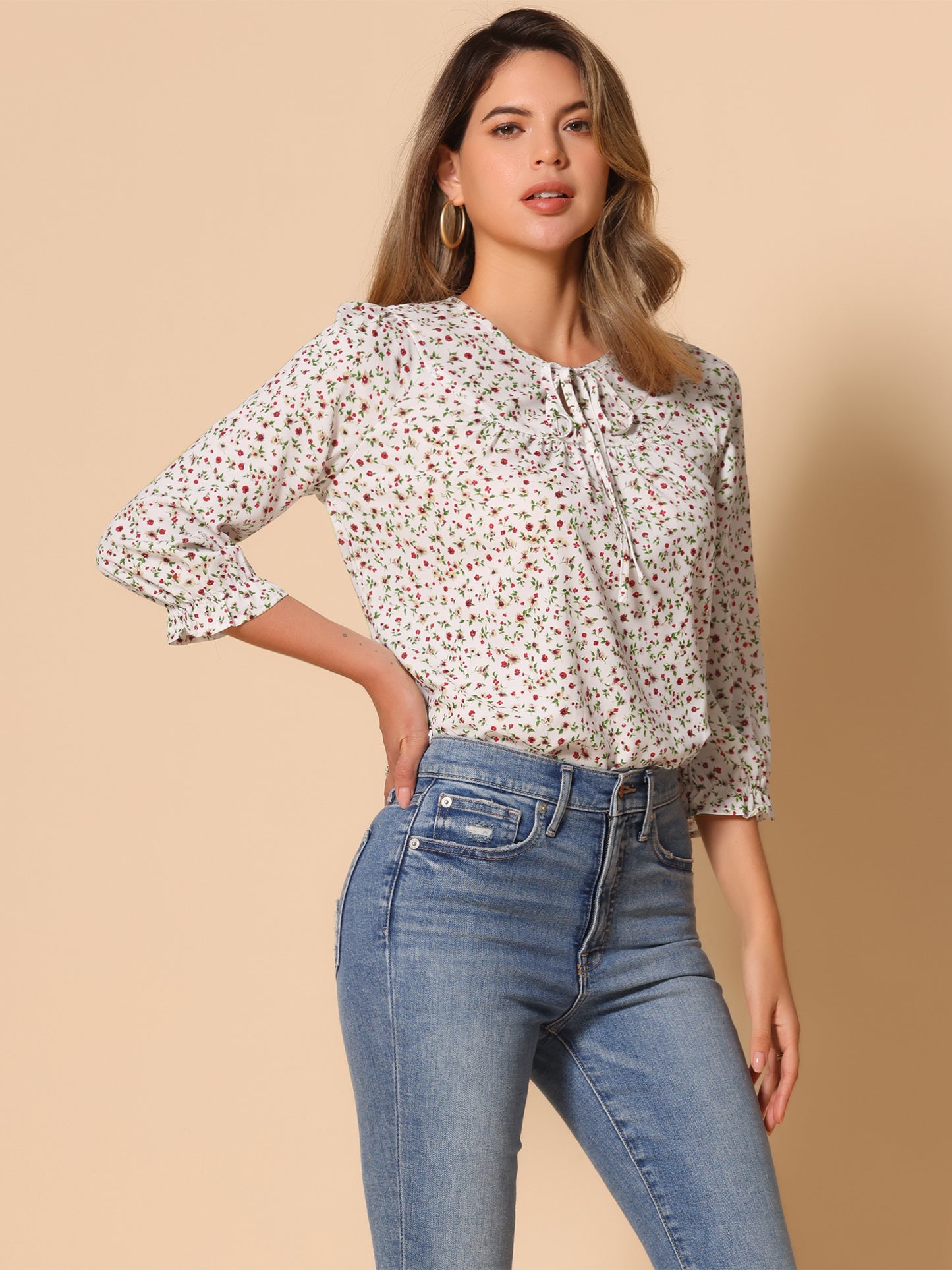 Women's Tie Neck 3/4 Sleeve Floral Blouse Bow Top