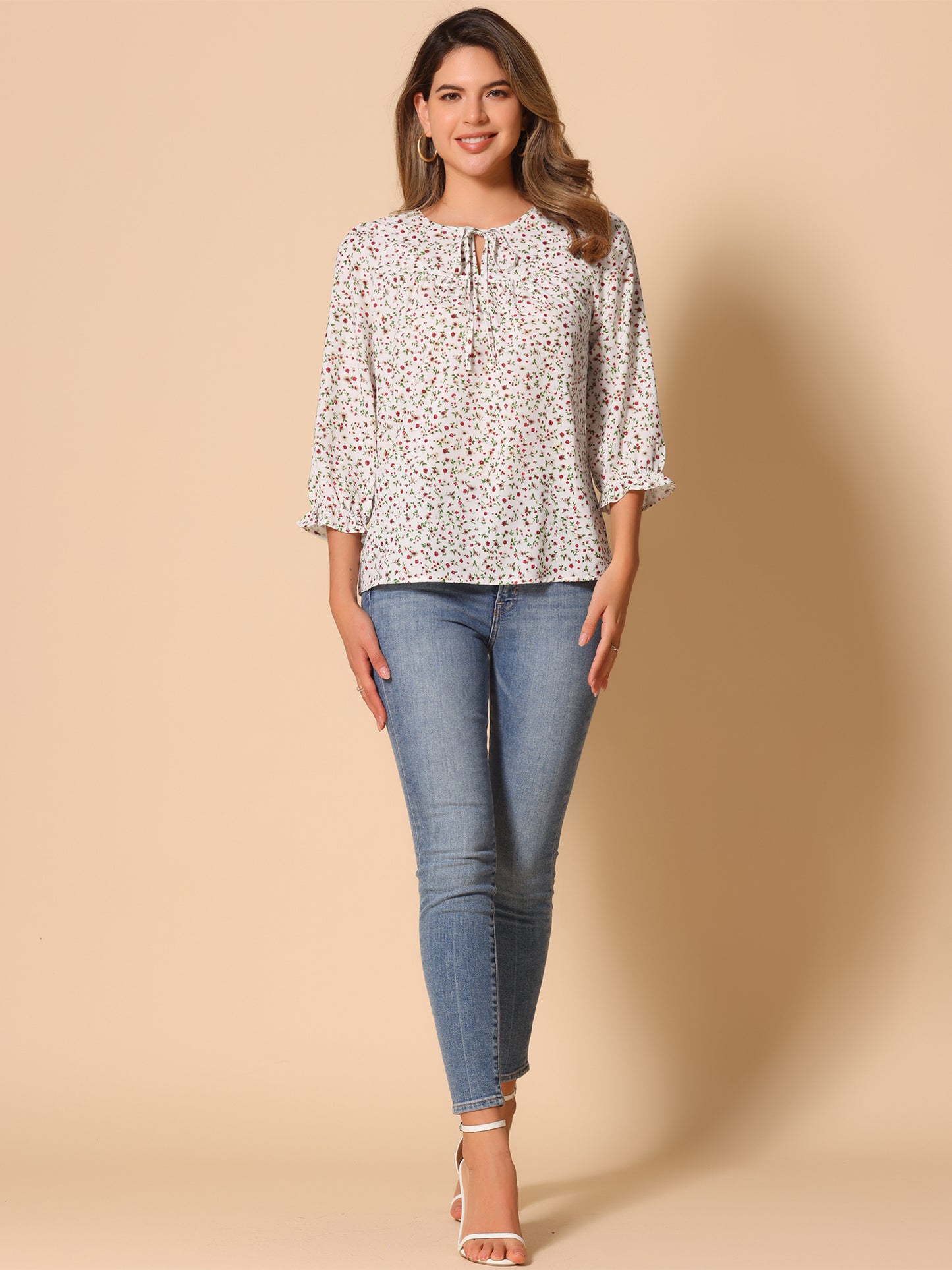 Women's Tie Neck 3/4 Sleeve Floral Blouse Bow Top