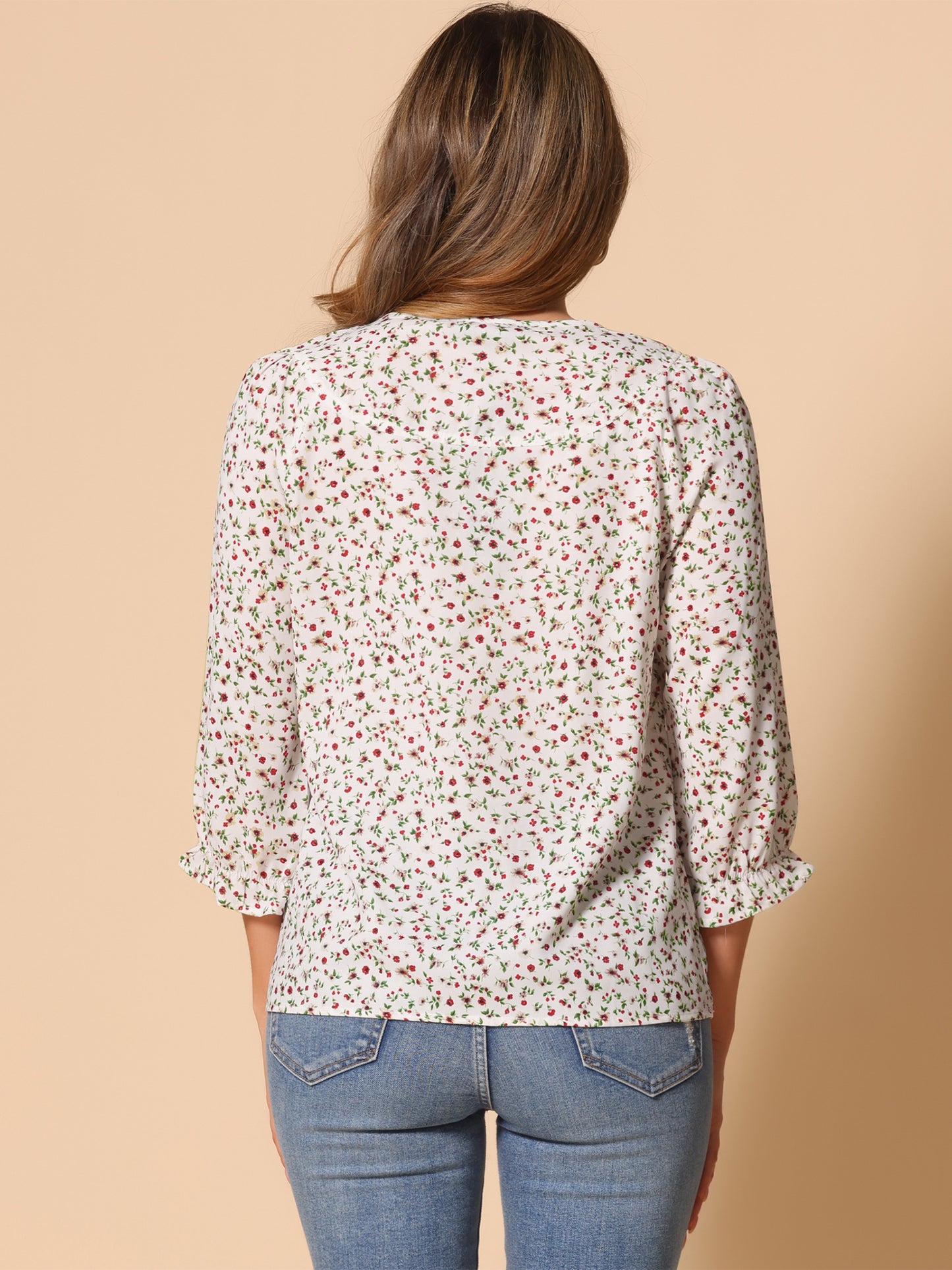 Women's Tie Neck 3/4 Sleeve Floral Blouse Bow Top