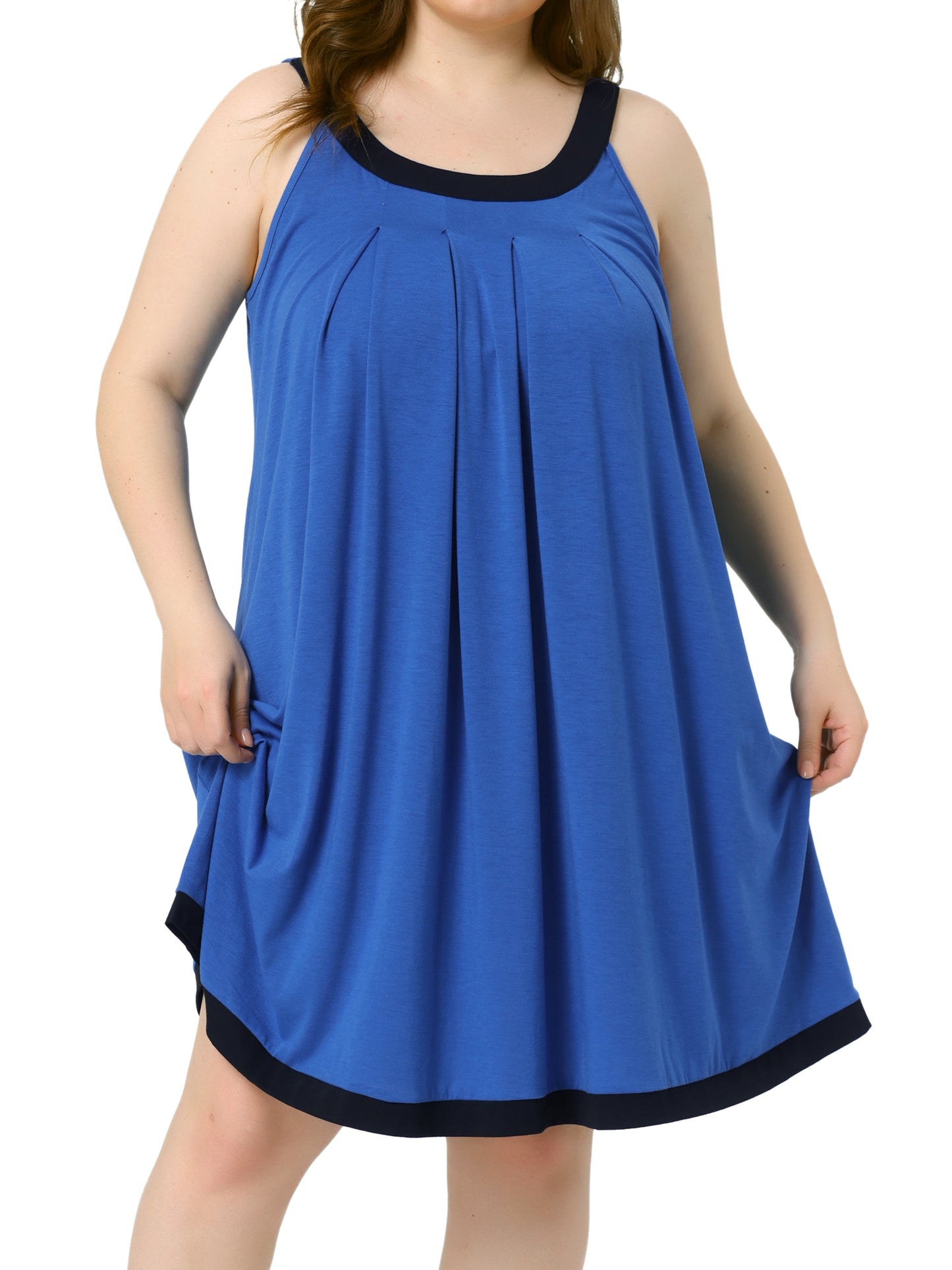 Women Plus Size Nightgown Sleeveless Contrast Color Wide Strap Pleated Sleepwear
