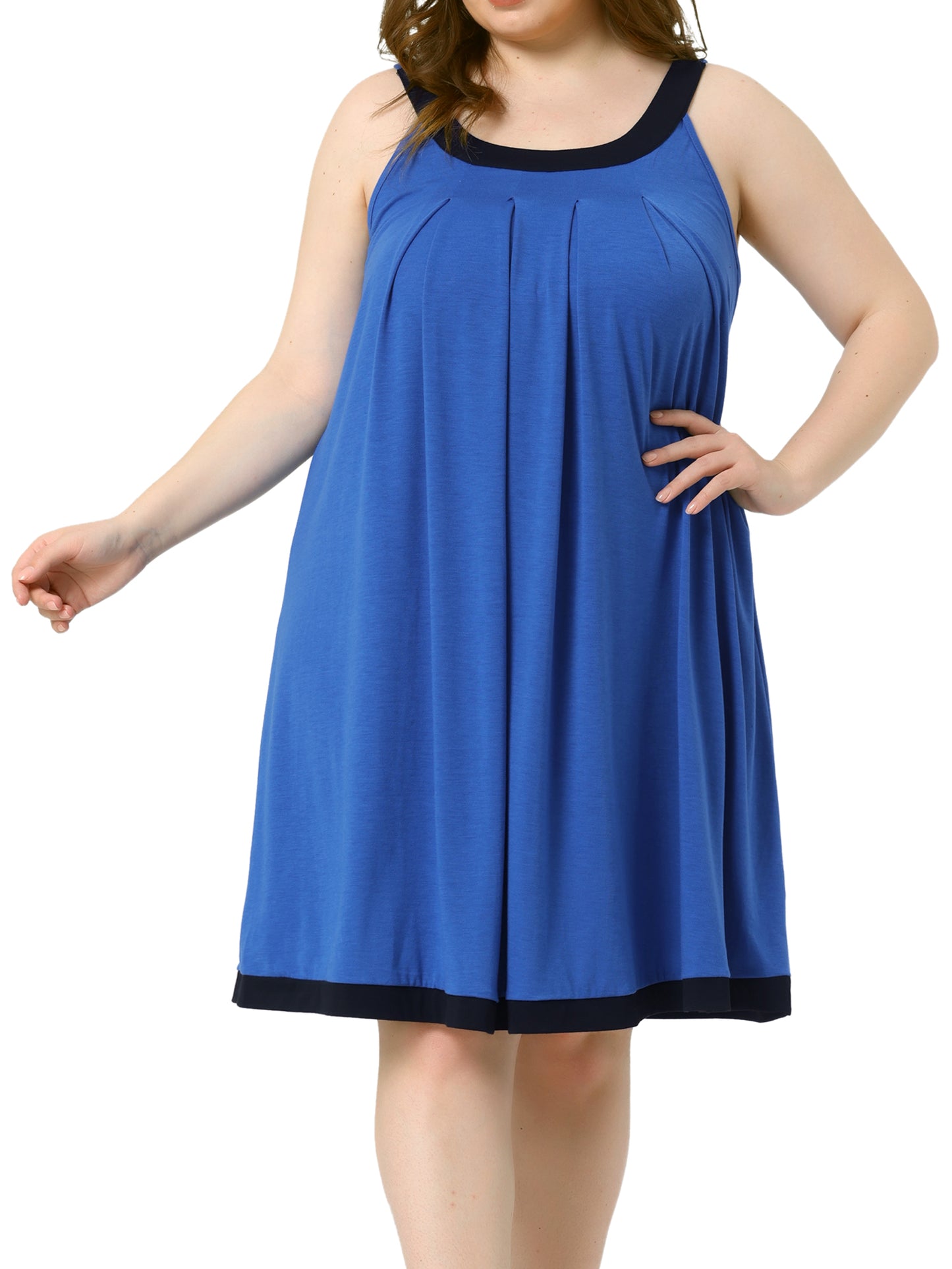 Women Plus Size Nightgown Sleeveless Contrast Color Wide Strap Pleated Sleepwear