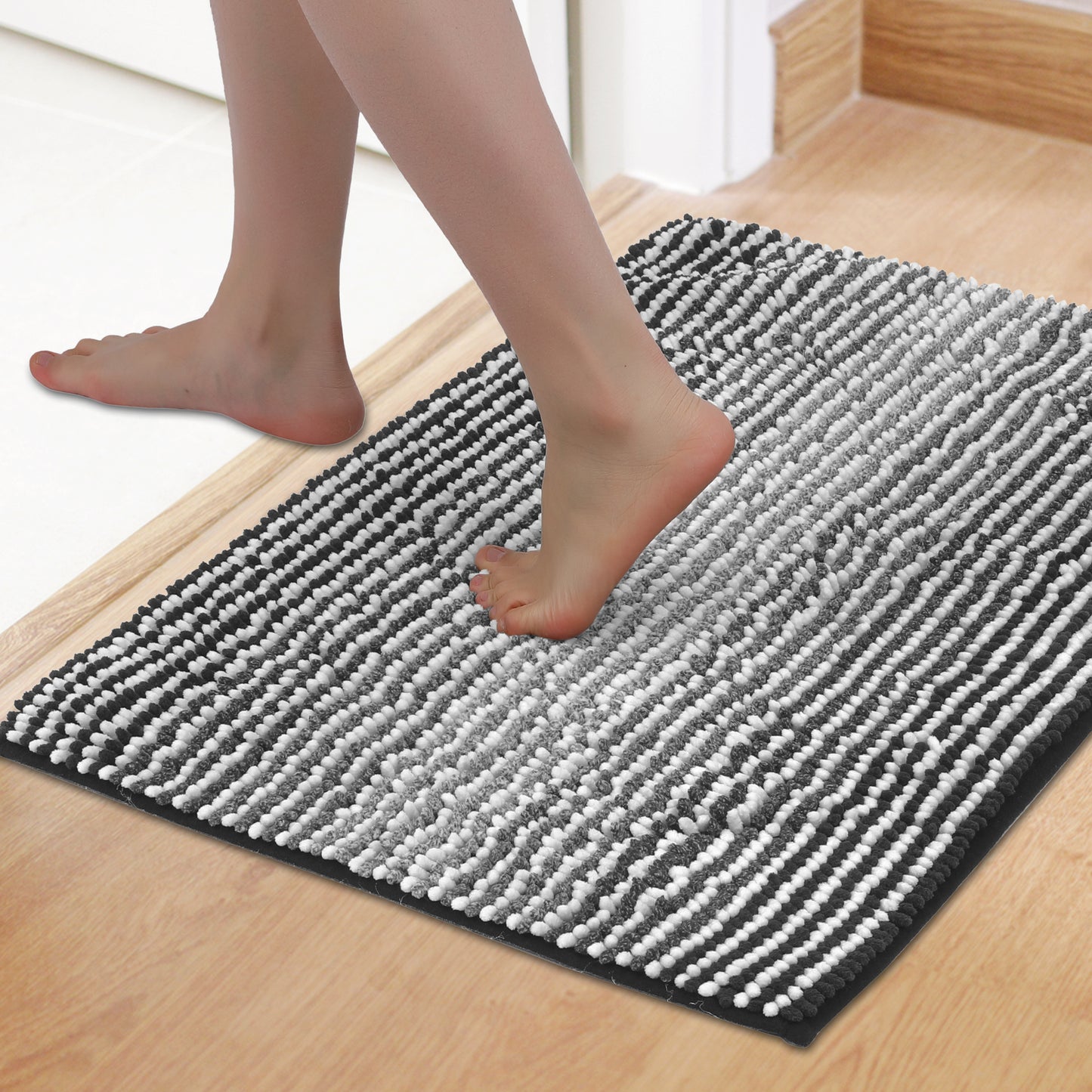 Quick Dry Absorbent Non Slip Soft Chenille Gradient Striped Cozy Shaggy Bath Mats