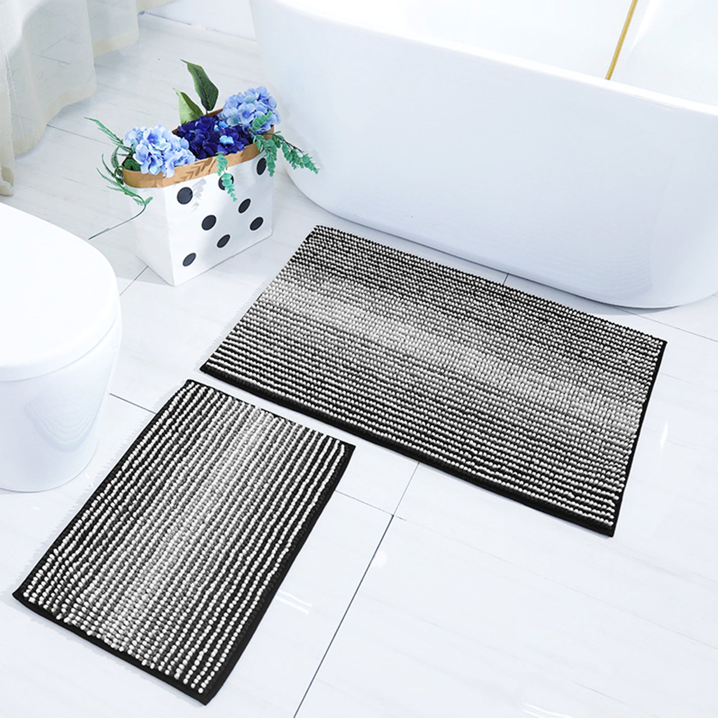Quick Dry Absorbent Non Slip Soft Chenille Gradient Striped Cozy Shaggy Bath Mats