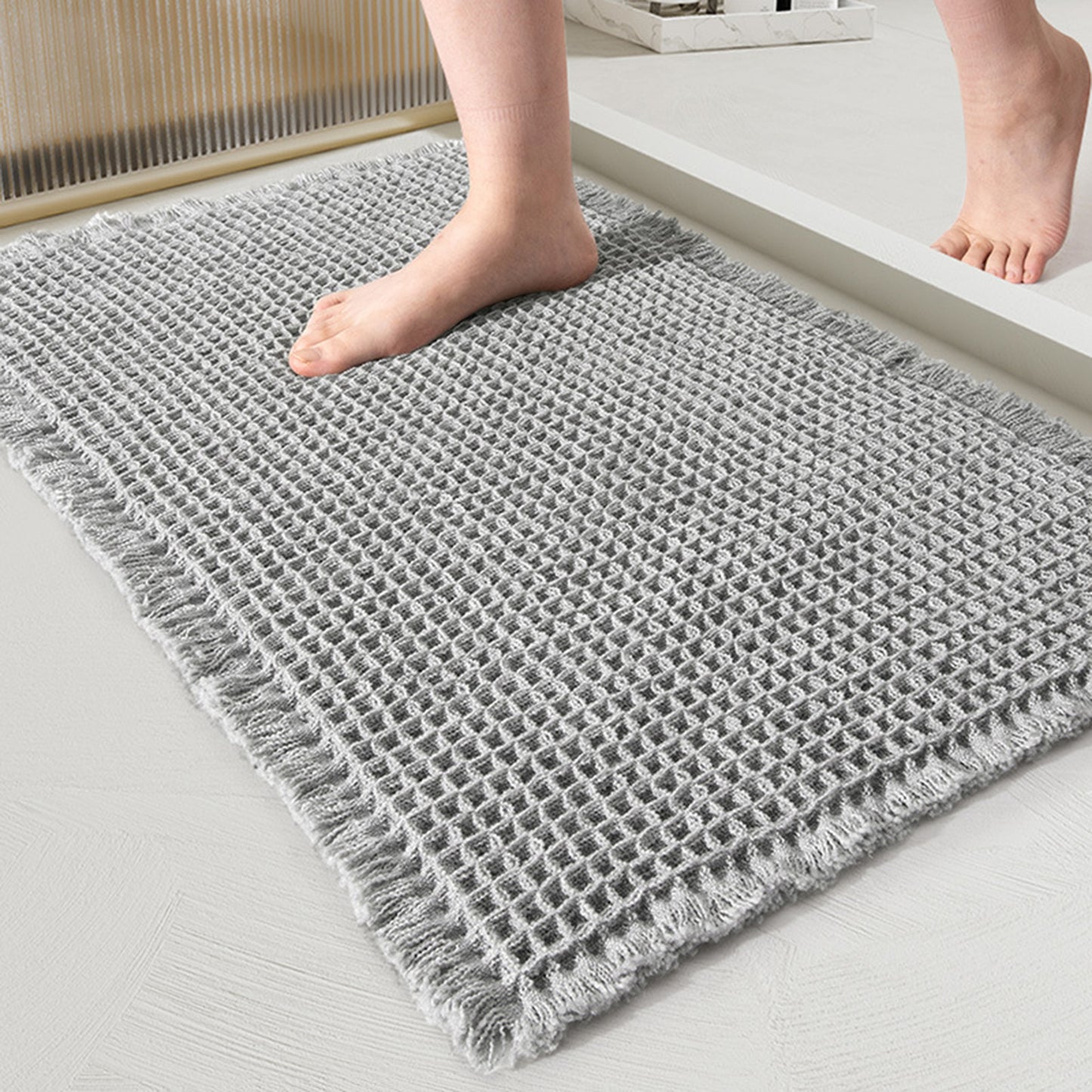 Waffle Tassels Bathroom Mat Soft Absorbent Laundry Room Washable Thick Bath Mats