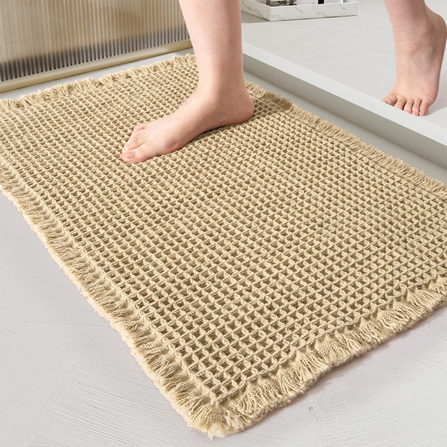 Waffle Tassels Bathroom Mat Soft Absorbent Laundry Room Washable Thick Bath Mats