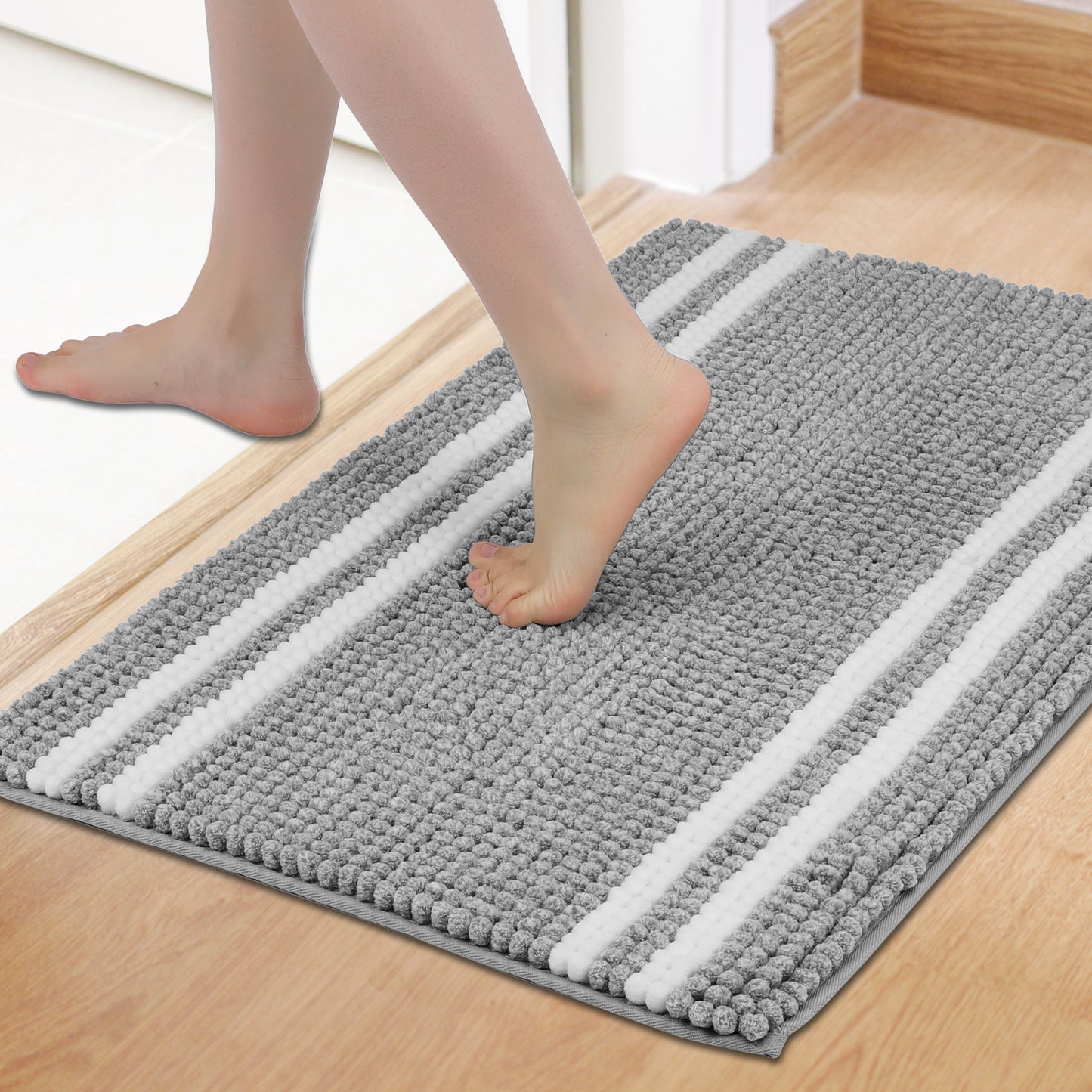 Striped Bathroom Rugs, Soft and Absorbent Fluffy Chenille Bath Rug, Non Slip Bath Mats