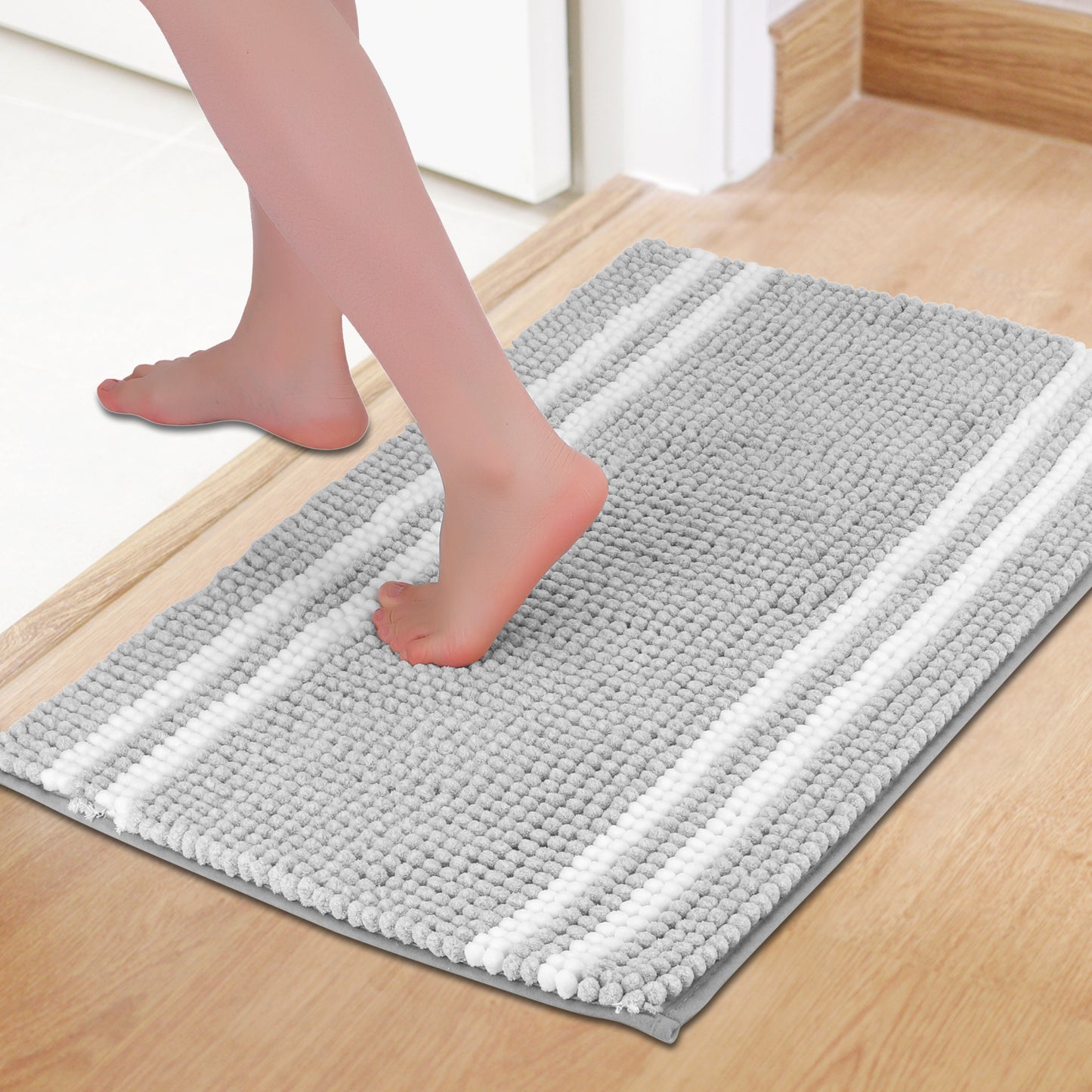 Striped Bathroom Rugs, Soft and Absorbent Fluffy Chenille Bath Rug, Non Slip Bath Mats