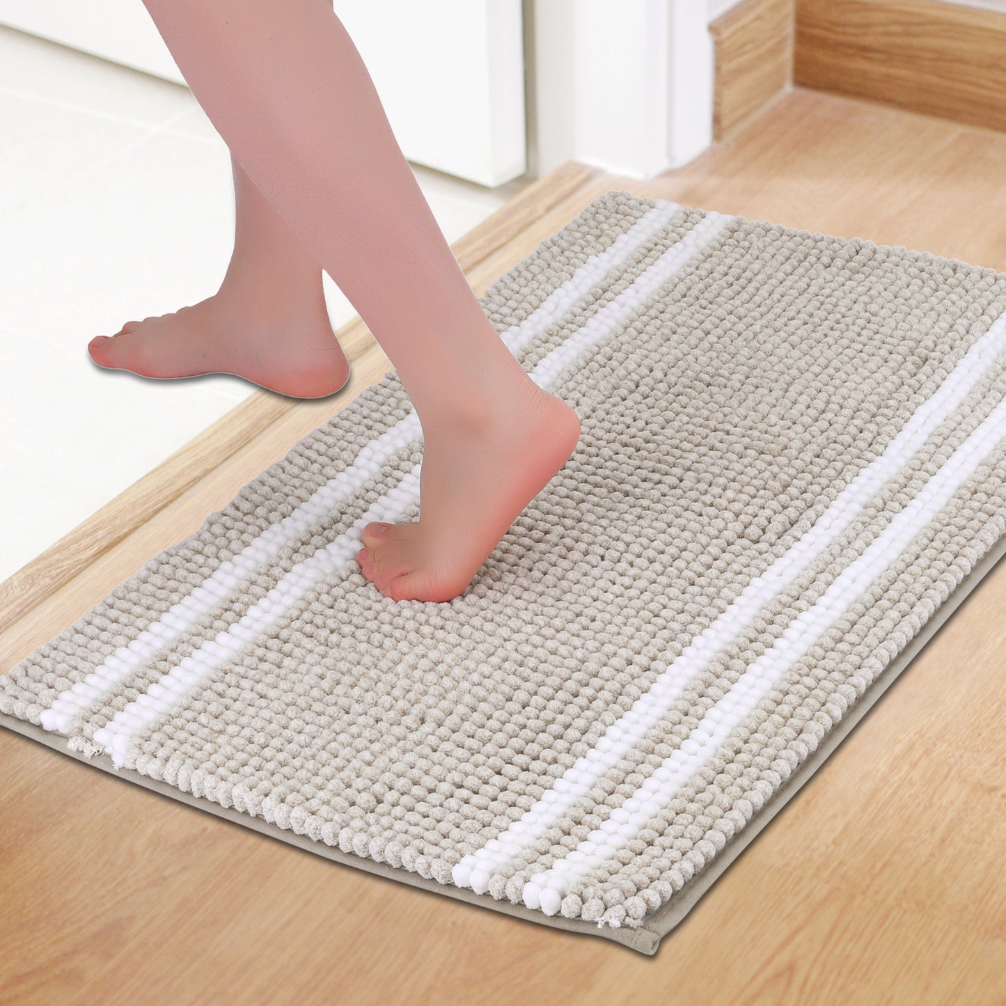 Striped Bathroom Rugs, Soft and Absorbent Fluffy Chenille Bath Rug, Non Slip Bath Mats