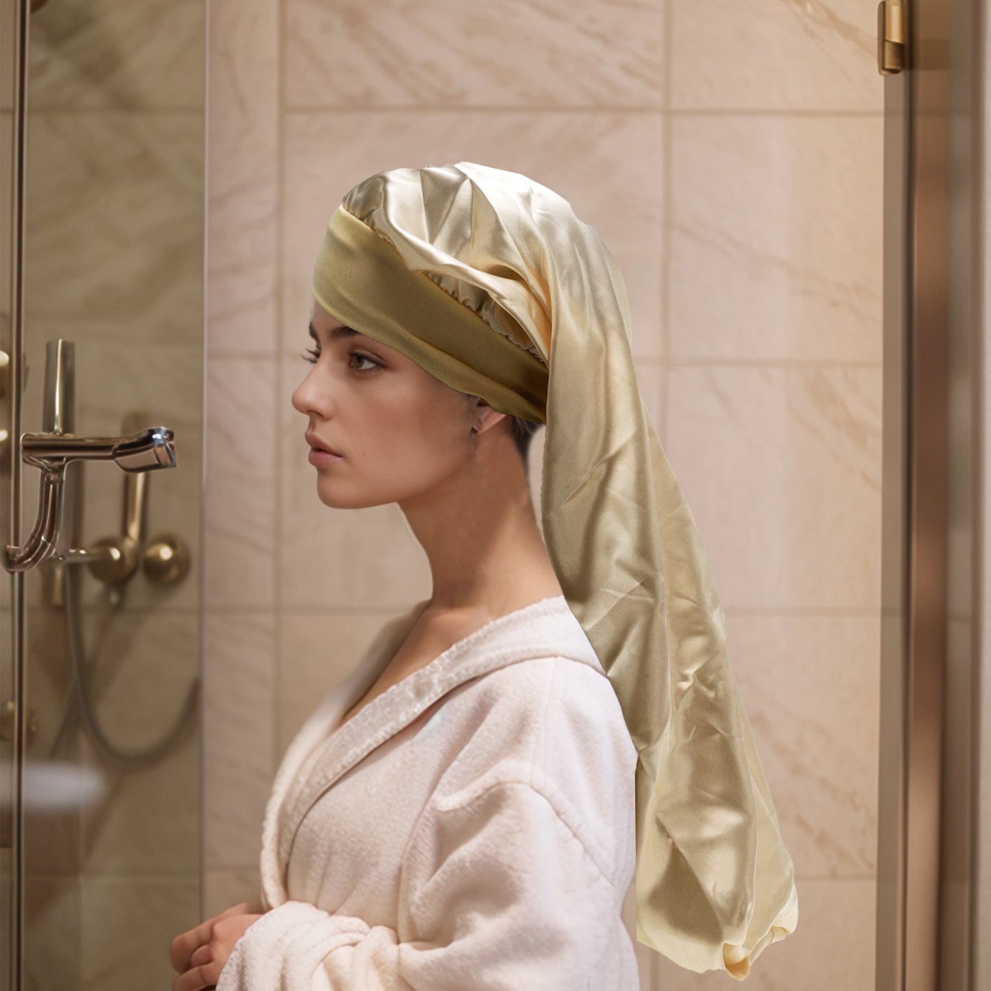 1 Pc Elasticity Long Shower Cap for Bathroom Gold Tone