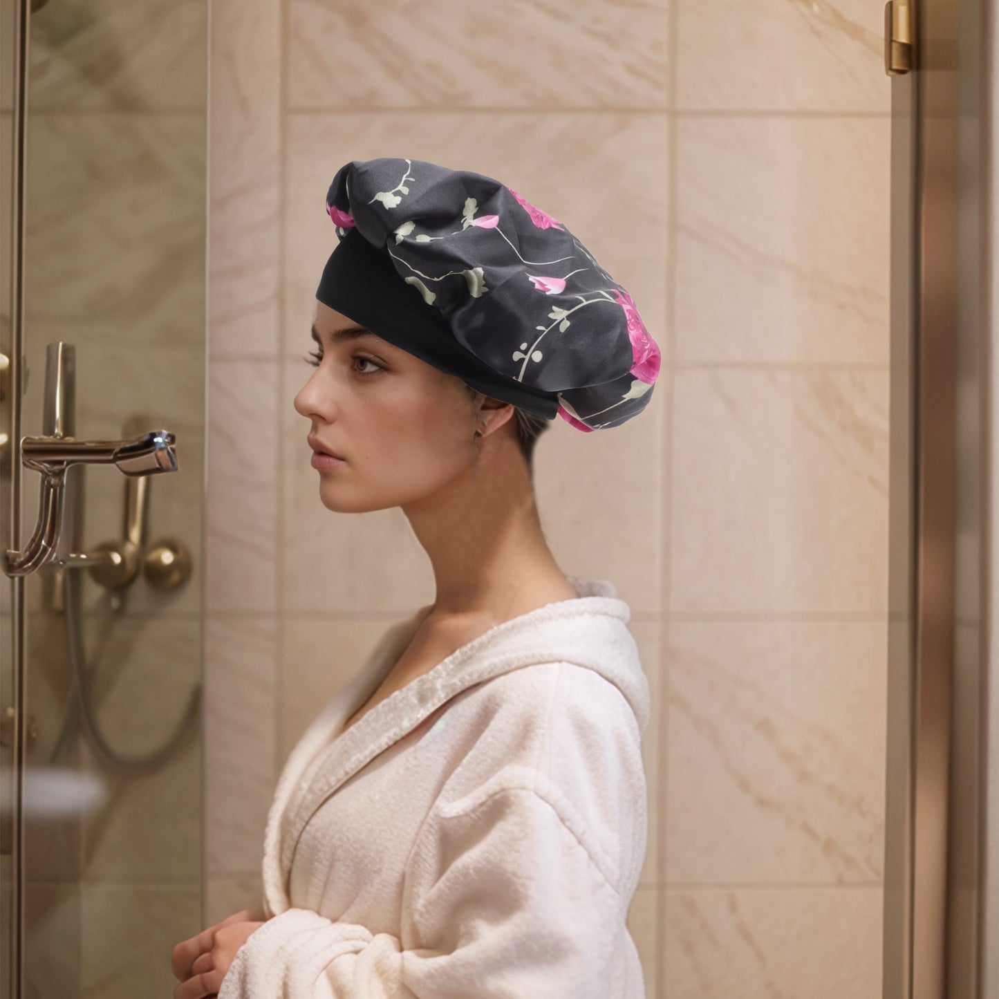 1 Pc High Elasticity Vintage Print Shower Cap for Bathroom Black Red