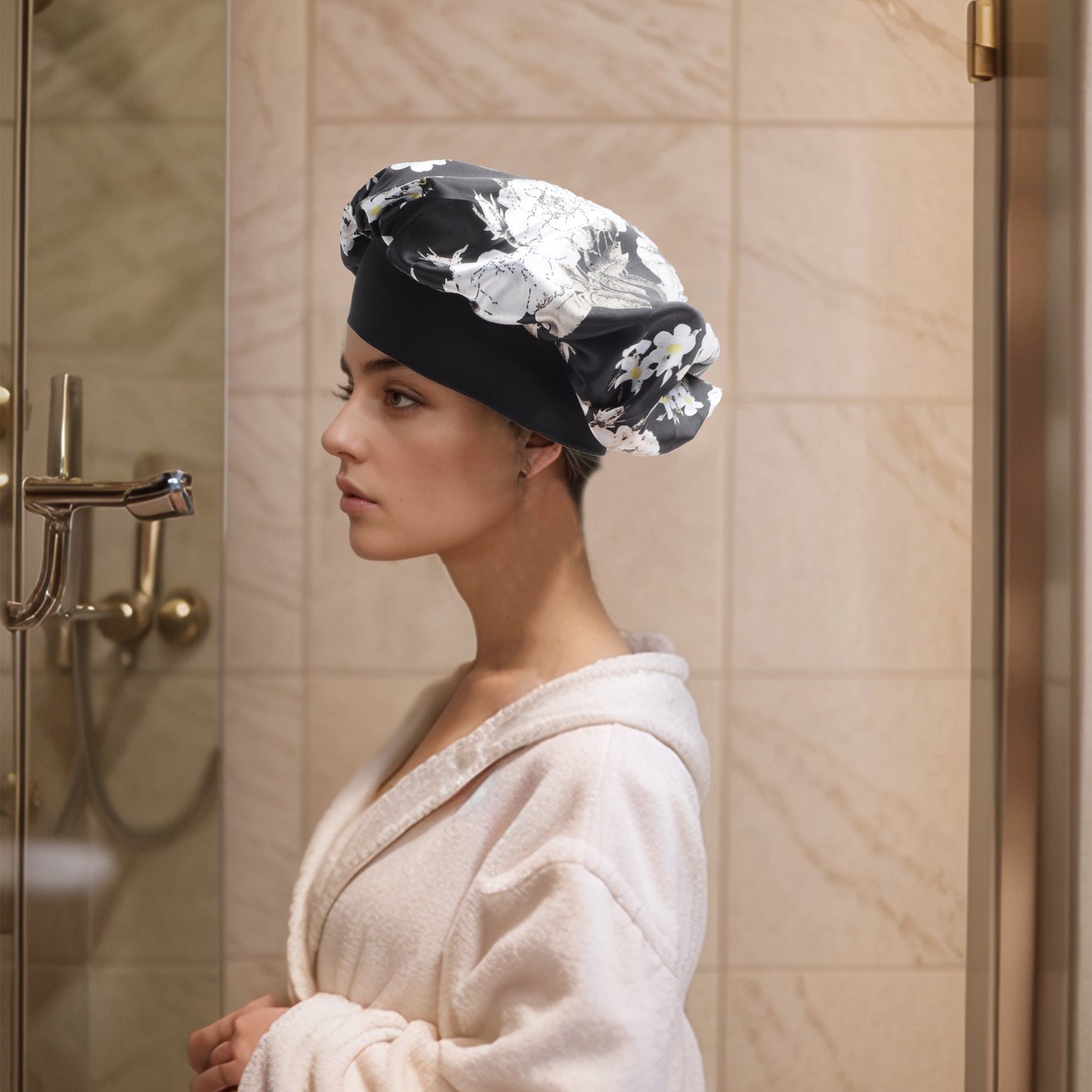 1 Pc High Elasticity Vintage Print Shower Cap for Bathroom Black