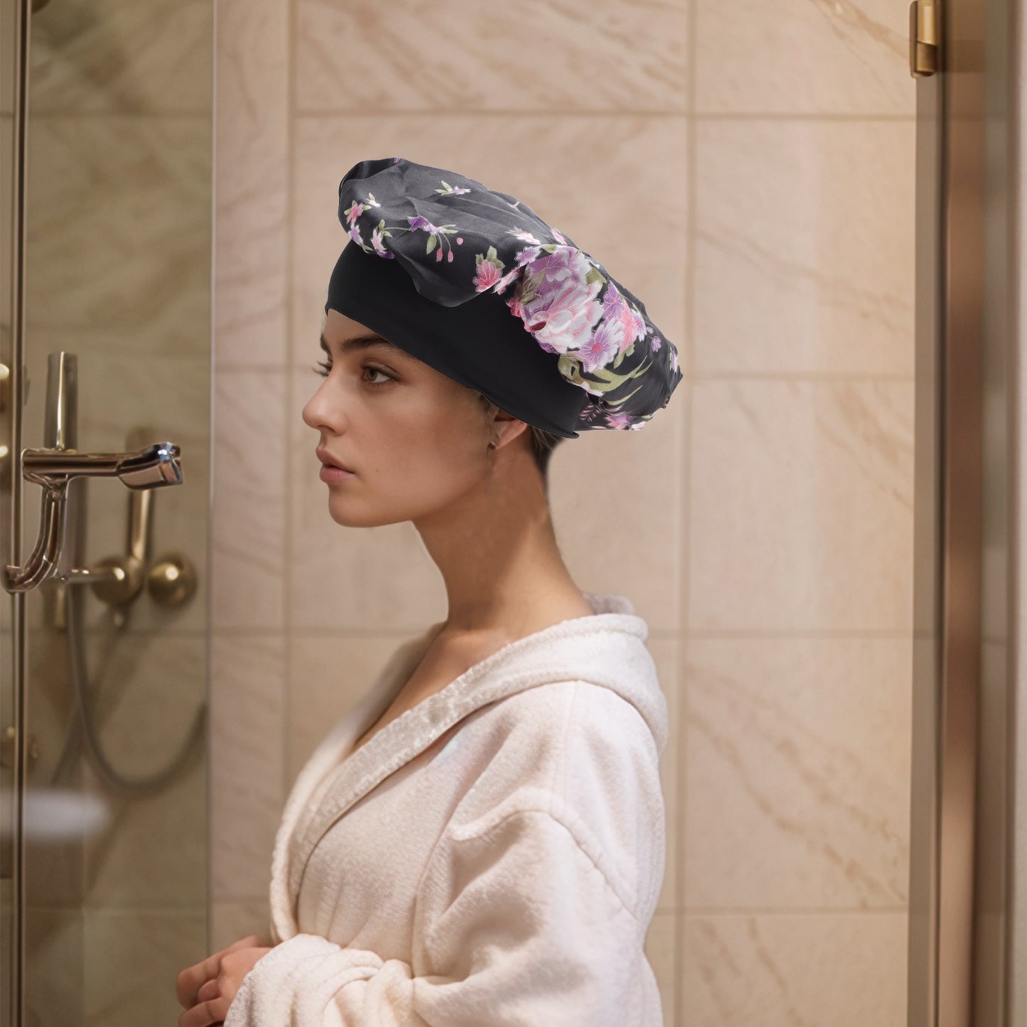 1 Pc High Elasticity Vintage Print Shower Cap for Bathroom Black Purple