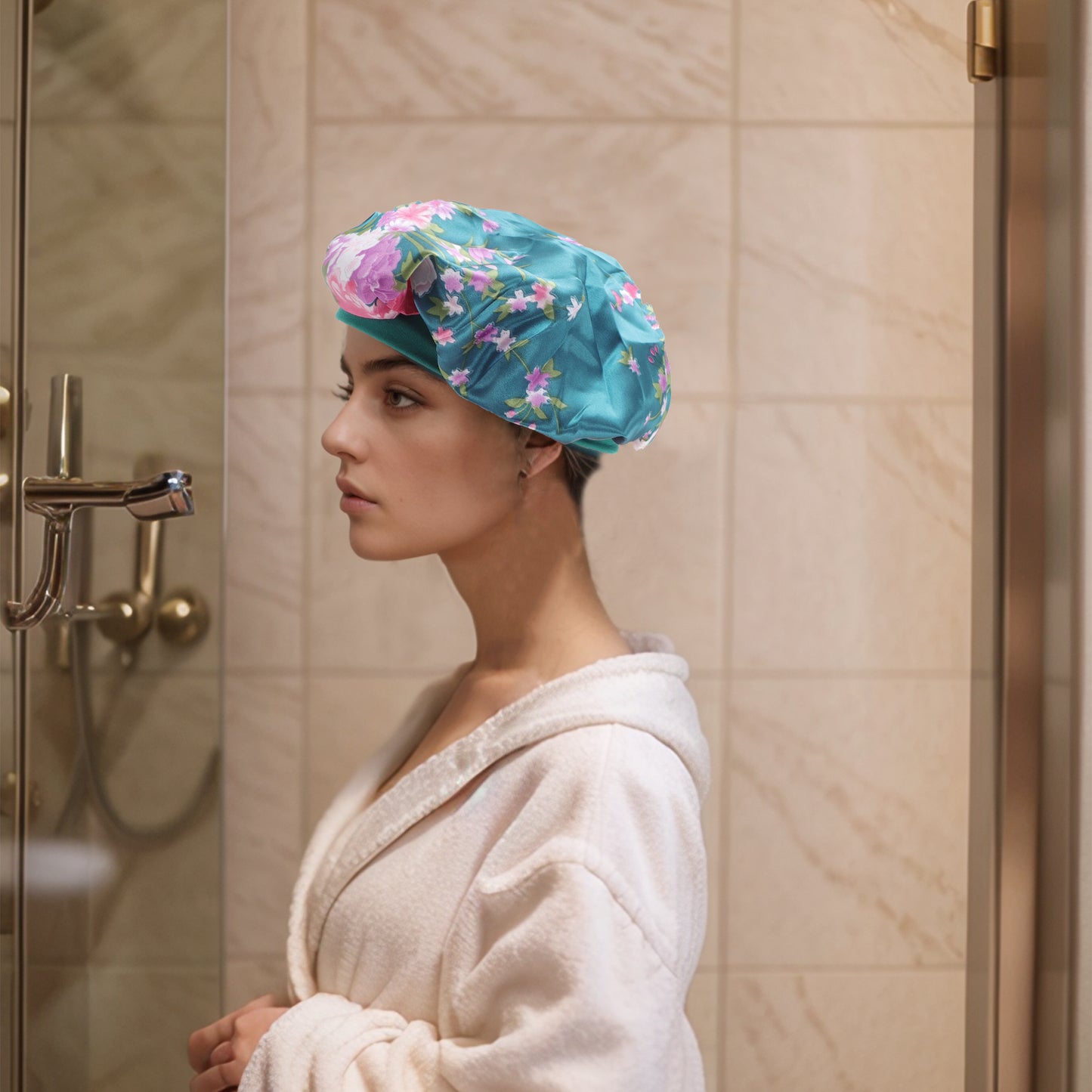 1 Pc High Elasticity Vintage Print Shower Cap for Bathroom Blackish Green