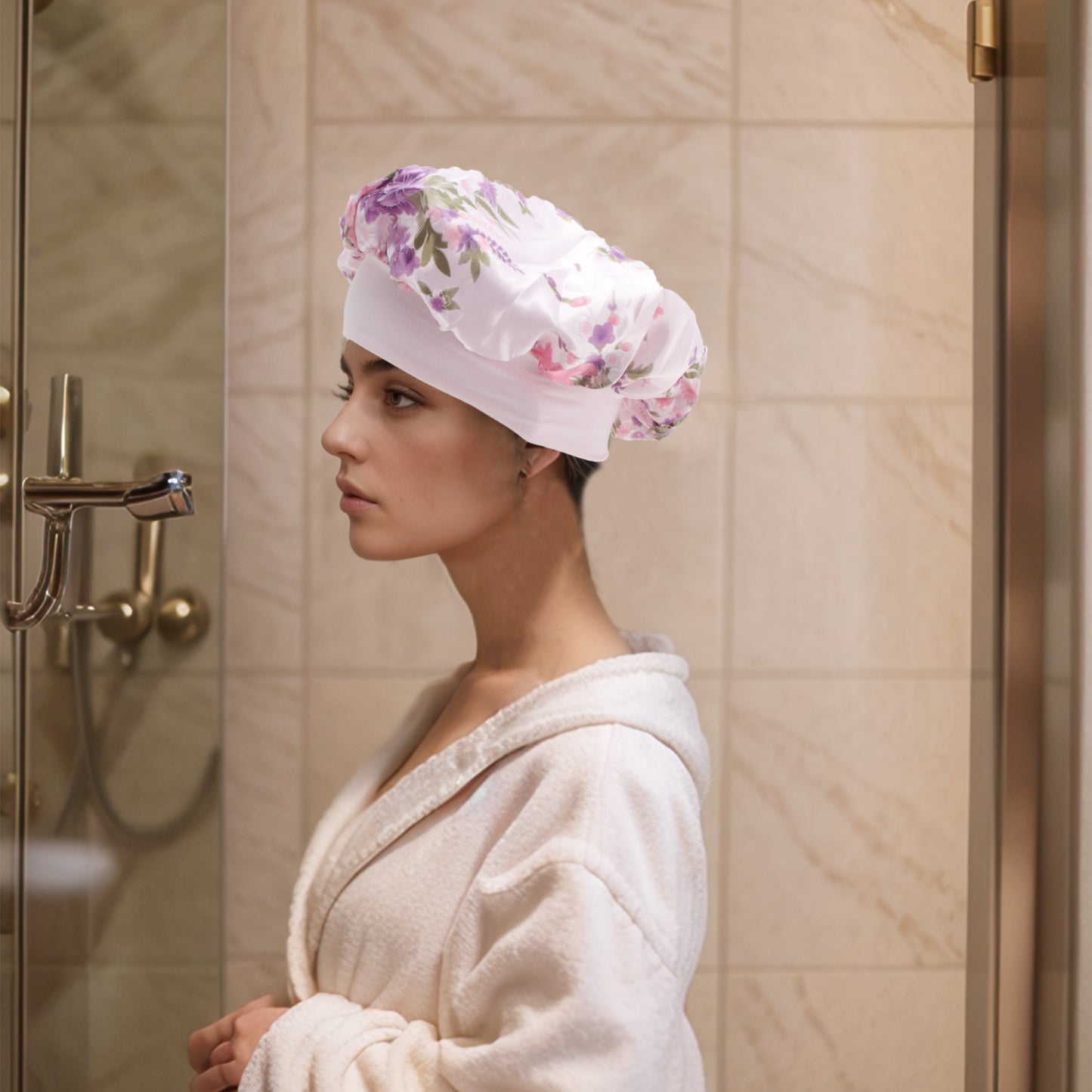 1 Pc High Elasticity Vintage Print Shower Cap for Bathroom Pink