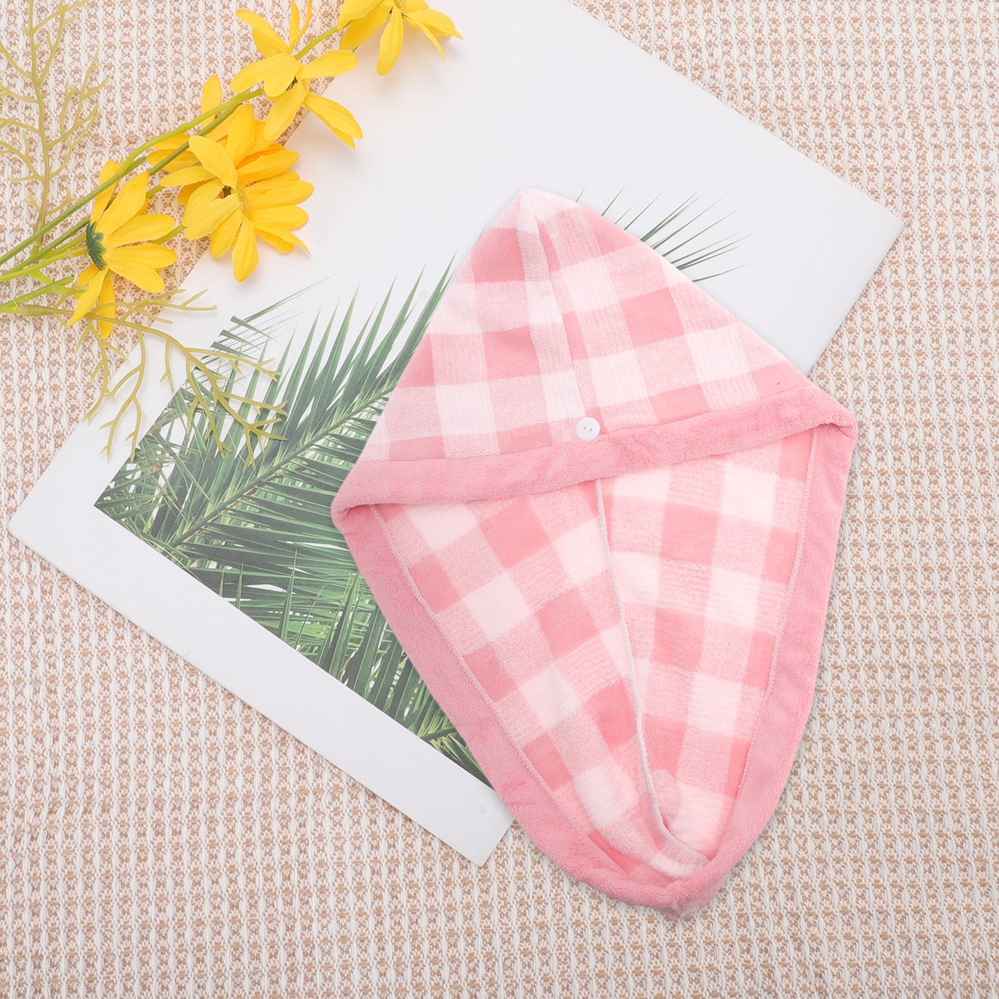 1 Pc Water-absorbent Plaid Hair Drying Towel for Bathroom Pink