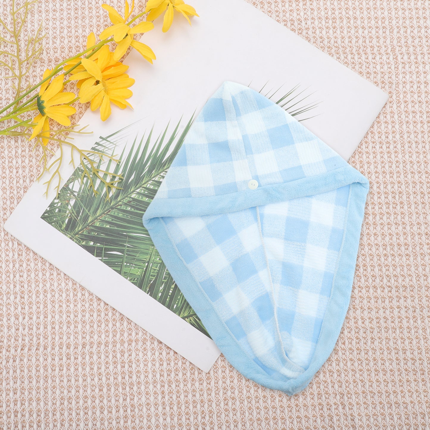 1 Pc Water-absorbent Plaid Hair Drying Towel for Bathroom Blue