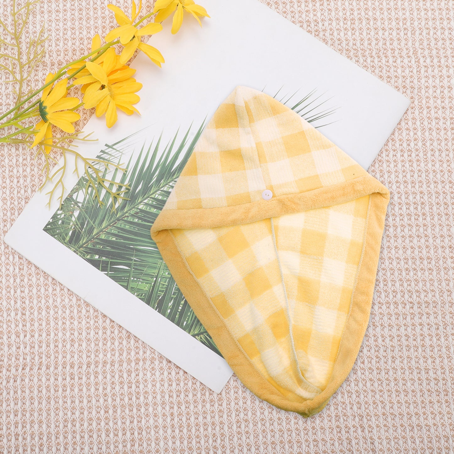 1 Pc Water-absorbent Plaid Hair Drying Towel for Bathroom Yellow