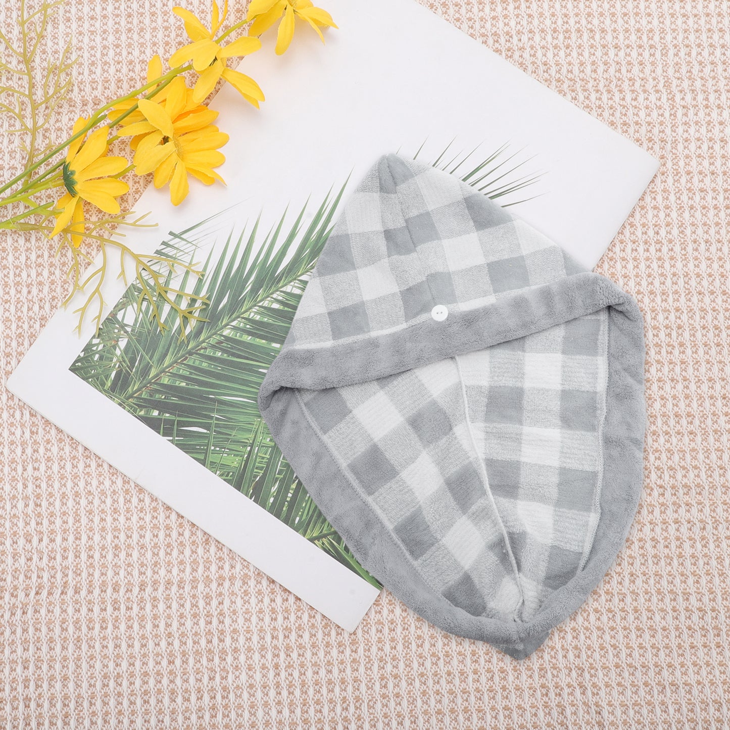 1 Pc Water-absorbent Plaid Hair Drying Towel for Bathroom Gray