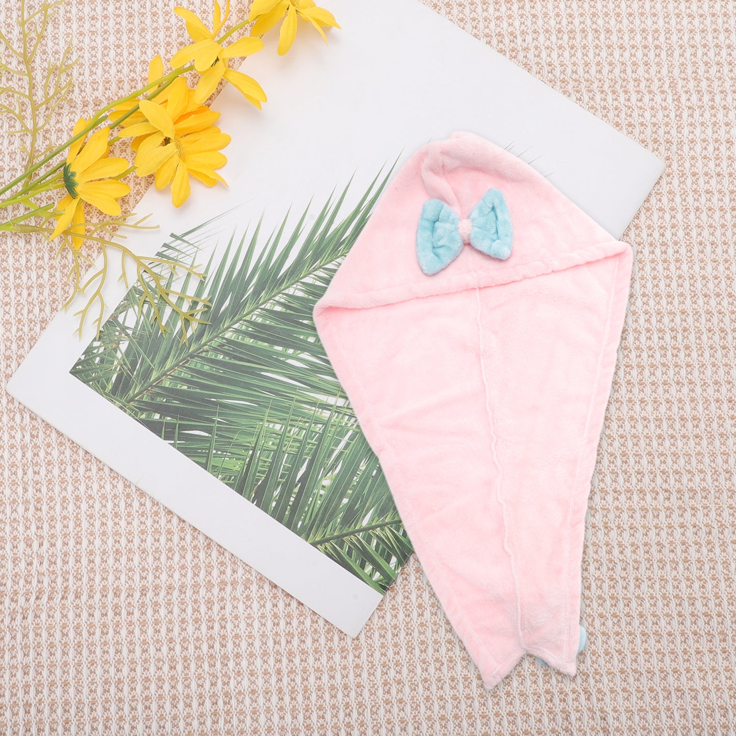 1 Pc Water-absorbent Double Bow Hair Drying Towel for Bathroom Pink