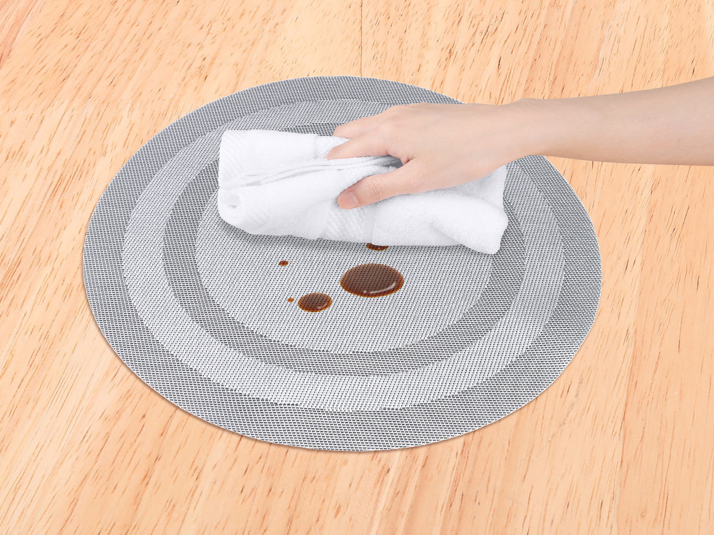 Juego de 6 manteles individuales redondos de PVC para decoración de mesa de cocina y comedor, lavables y resistentes al calor, 38 x 38 cm.