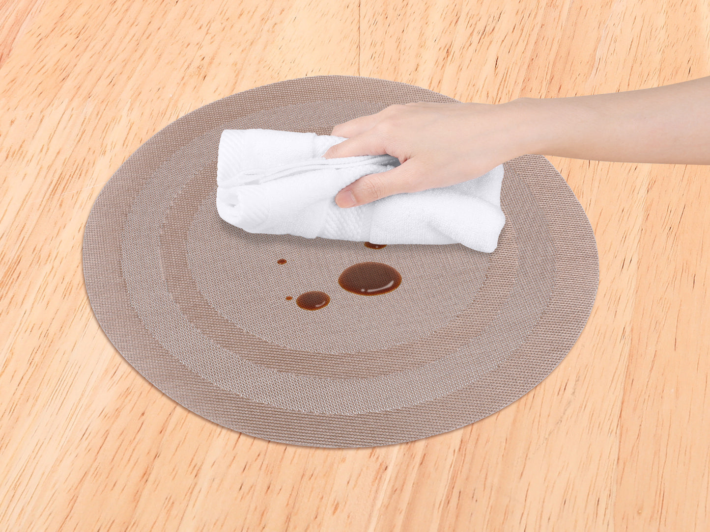 Juego de 6 manteles individuales redondos de PVC para decoración de mesa de cocina y comedor, lavables y resistentes al calor, 38 x 38 cm.