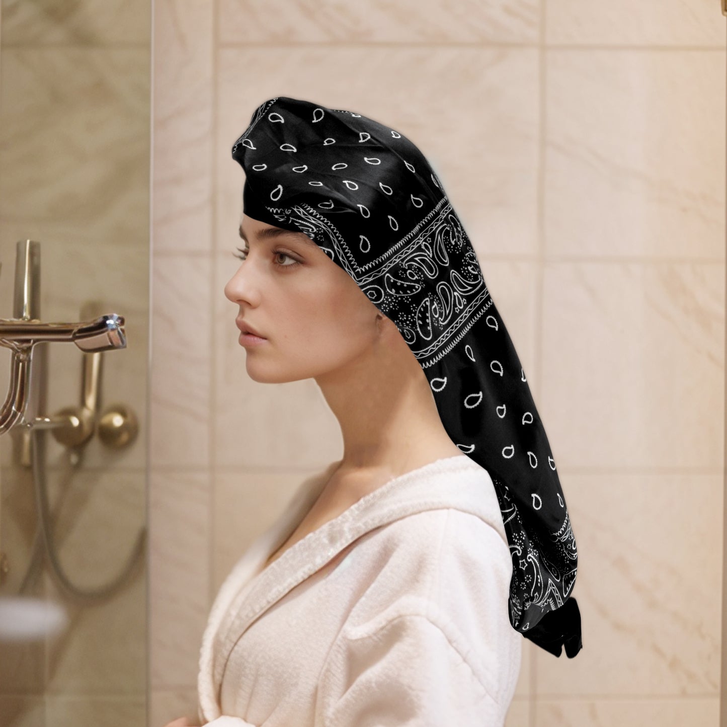 1 Pc Women Ribbon Shower Cap for Business Travel Black