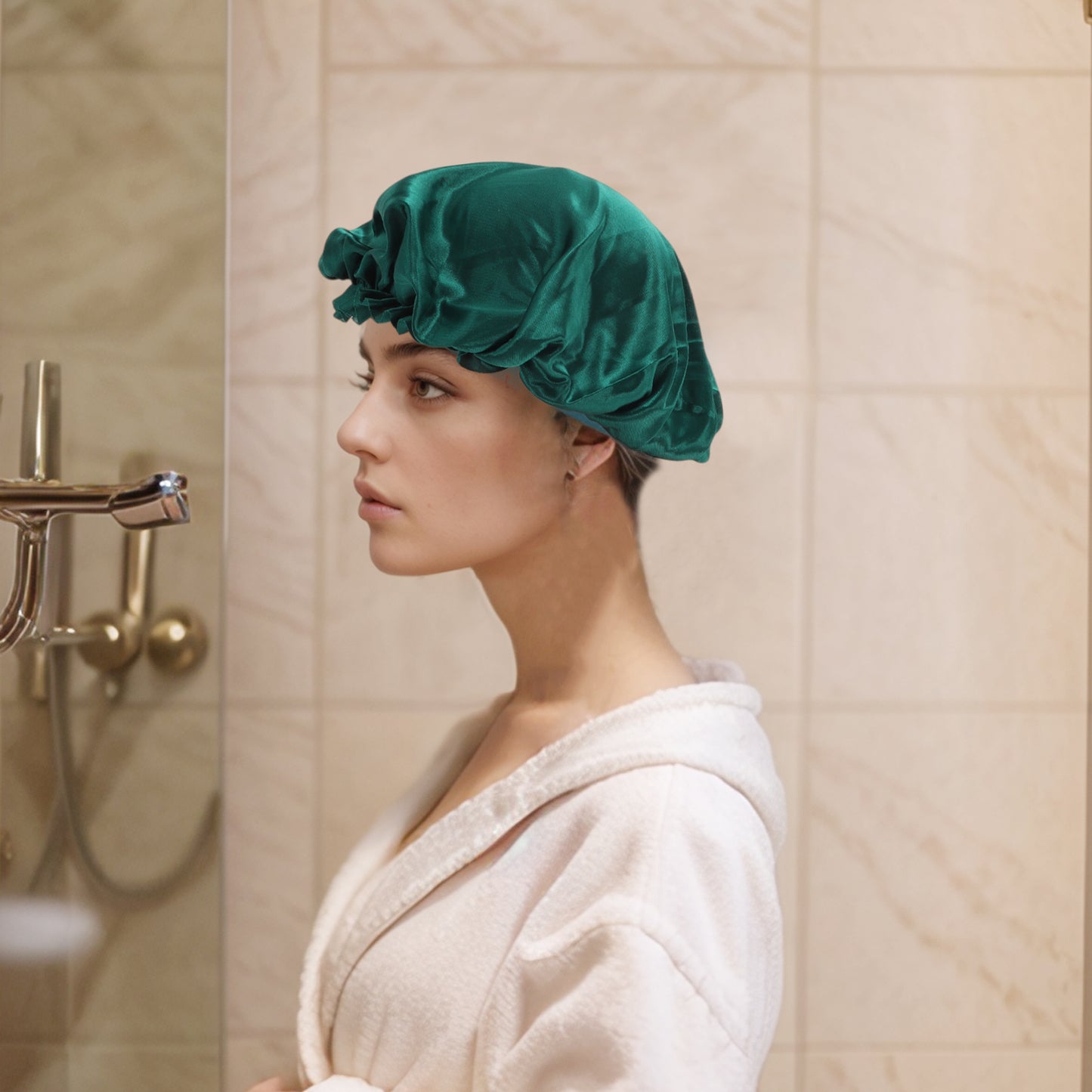 2 Pcs Women Durable Stretcht Shower Cap for Hotel Travel Green