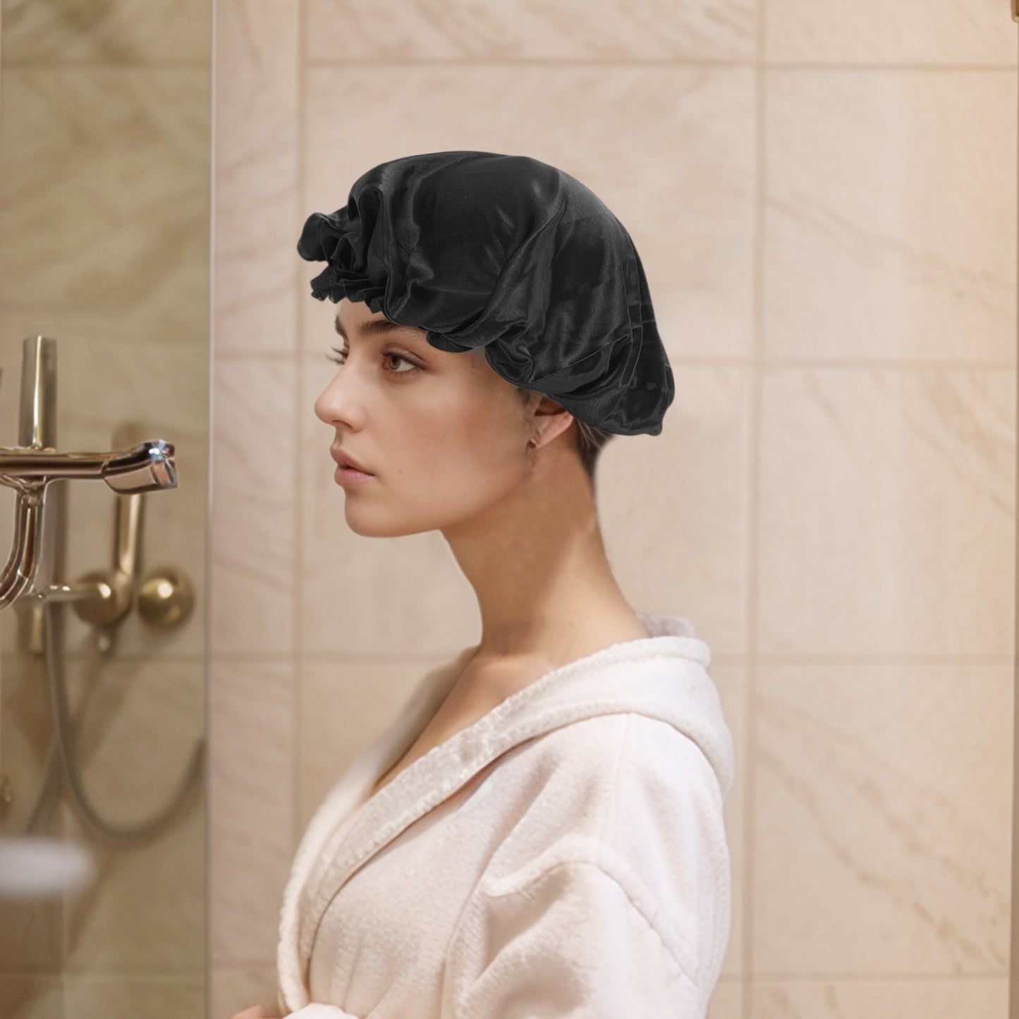 2 Pcs Women Durable Stretcht Shower Cap for Hotel Travel Black