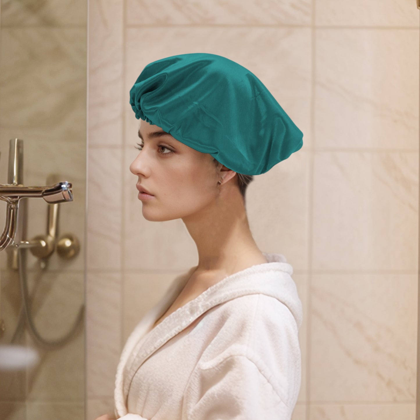 2 Pcs Women Durable Stretcht Shower Cap for Hotel Travel Peacock Blue