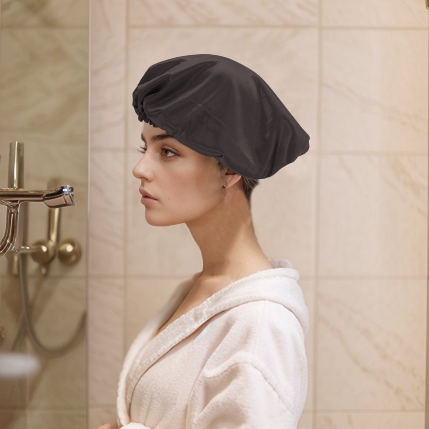 2 Pcs Women Durable Stretcht Shower Cap for Hotel Travel Coffee Color