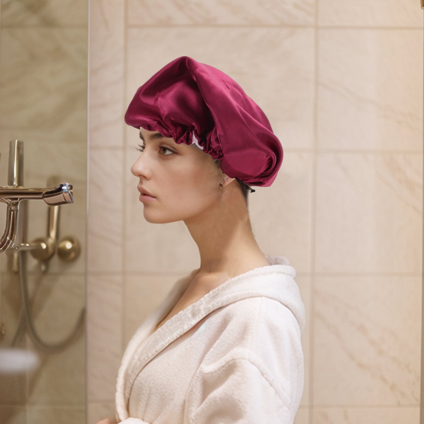 1 Pc Women Adjustable Double Layer Shower Cap for Business Travel Wine Red