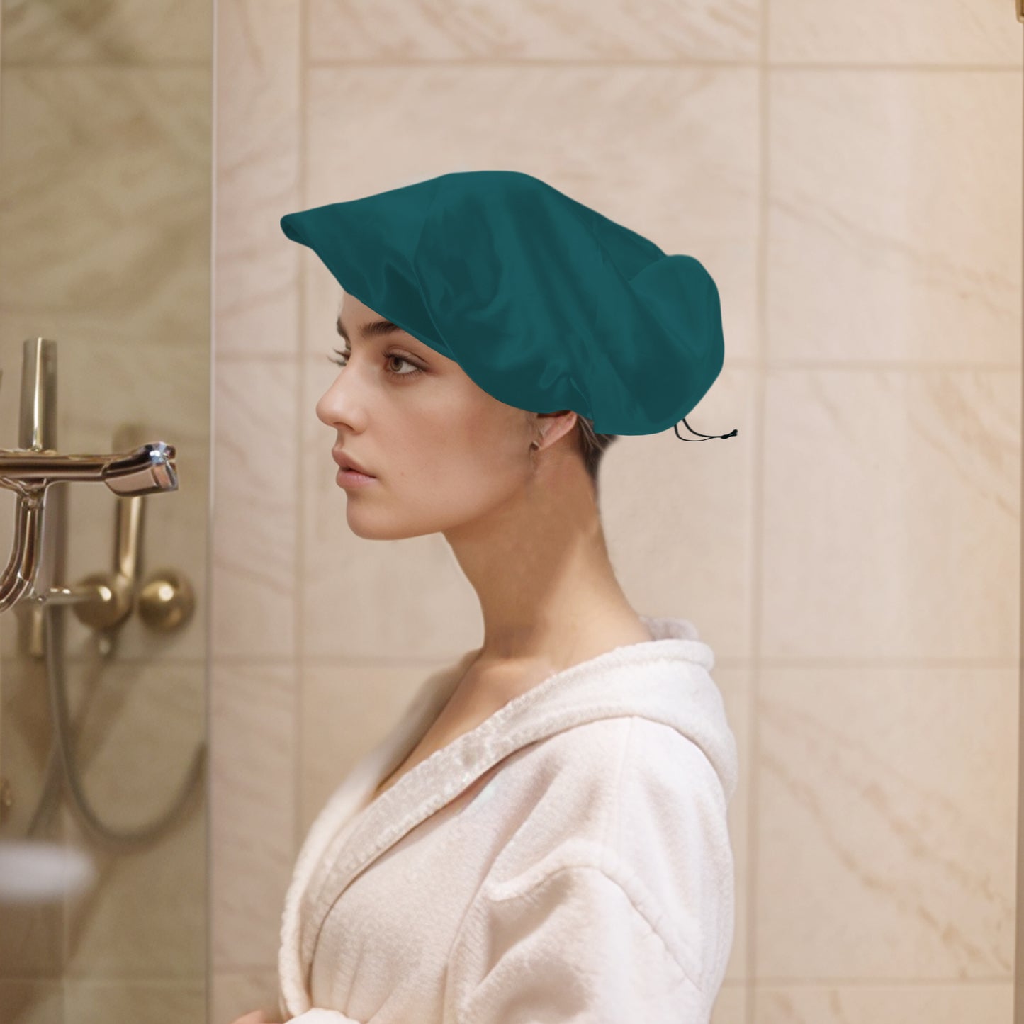 1 Pc Women Adjustable Double Layer Shower Cap for Business Travel Peacock Blue