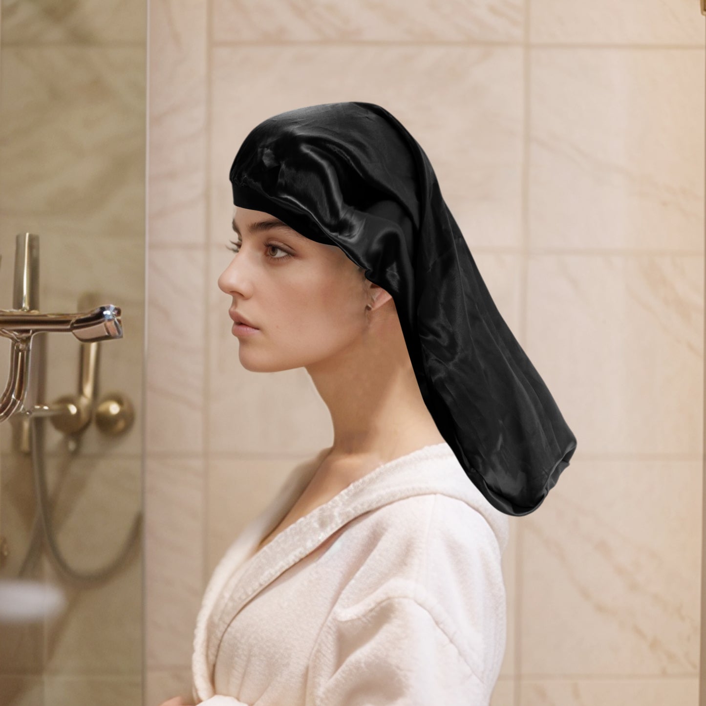 1 Pc Women Adjustable Double Layer Shower Cap for Business Travel Black