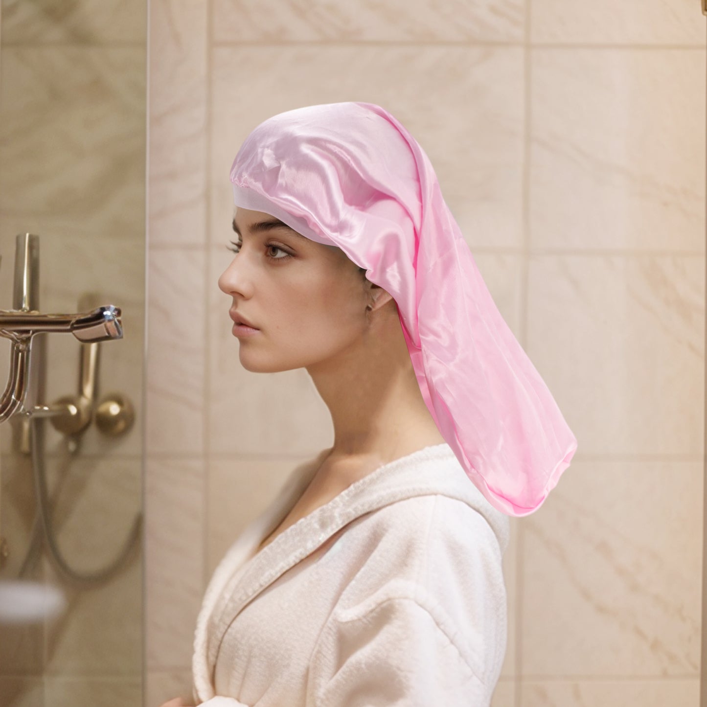 1 Pc Women Adjustable Double Layer Shower Cap for Business Travel Pink