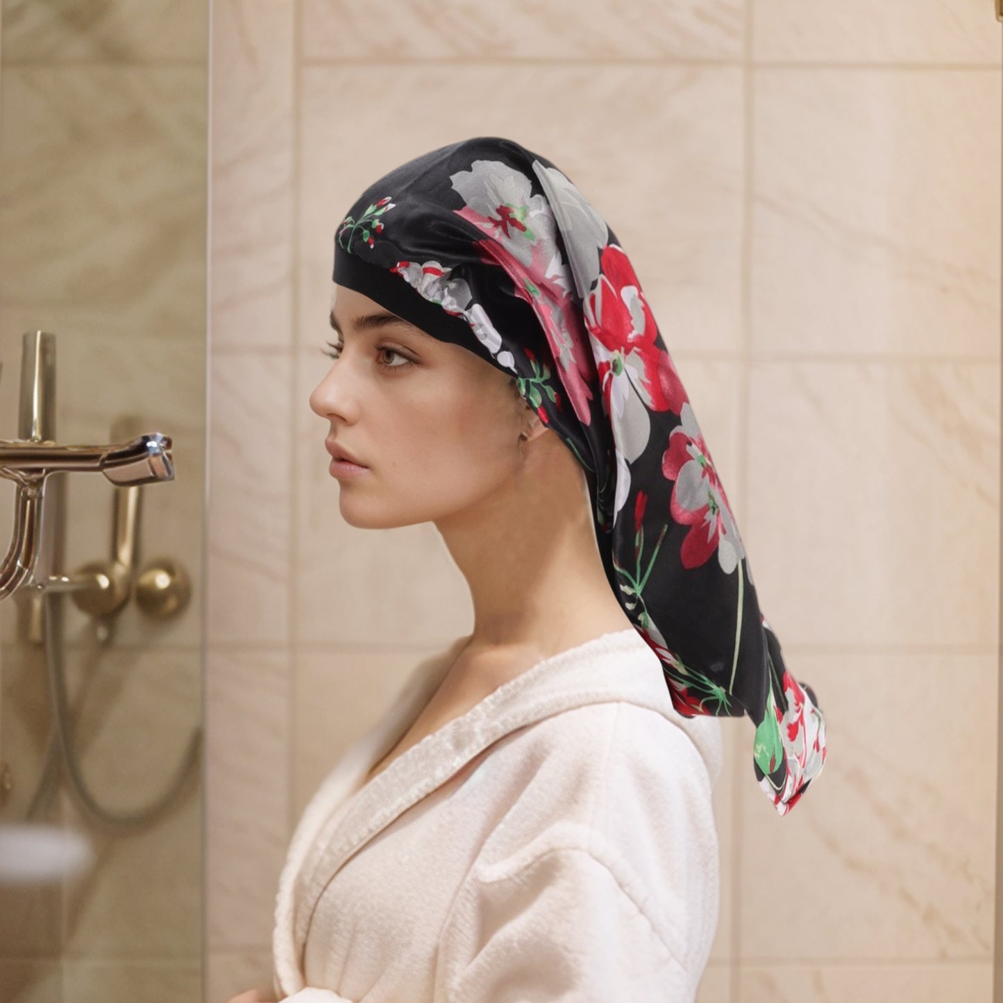 1 Pc Women Adjustable Double Layer Shower Cap for Business Travel Black Flower